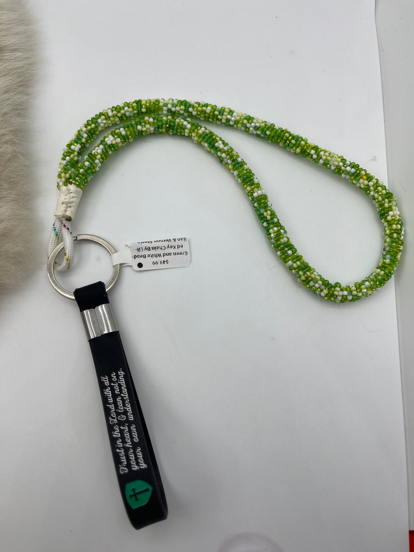 Green and White Beaded Key Chain By Lillian & Vernon Steele, Apache