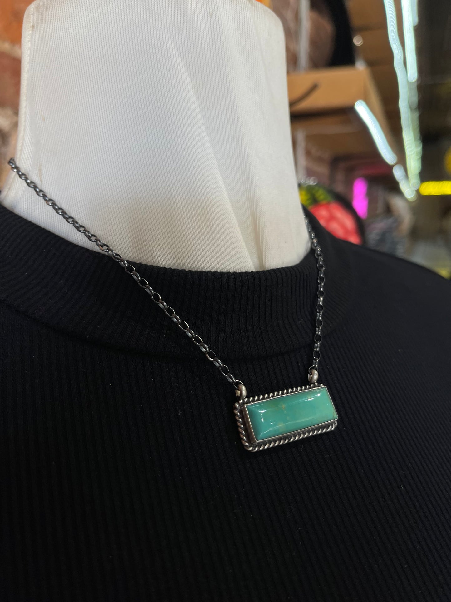 16" Light Green Kingman Turquoise Bar Necklace by Johnny Dixon, Navajo