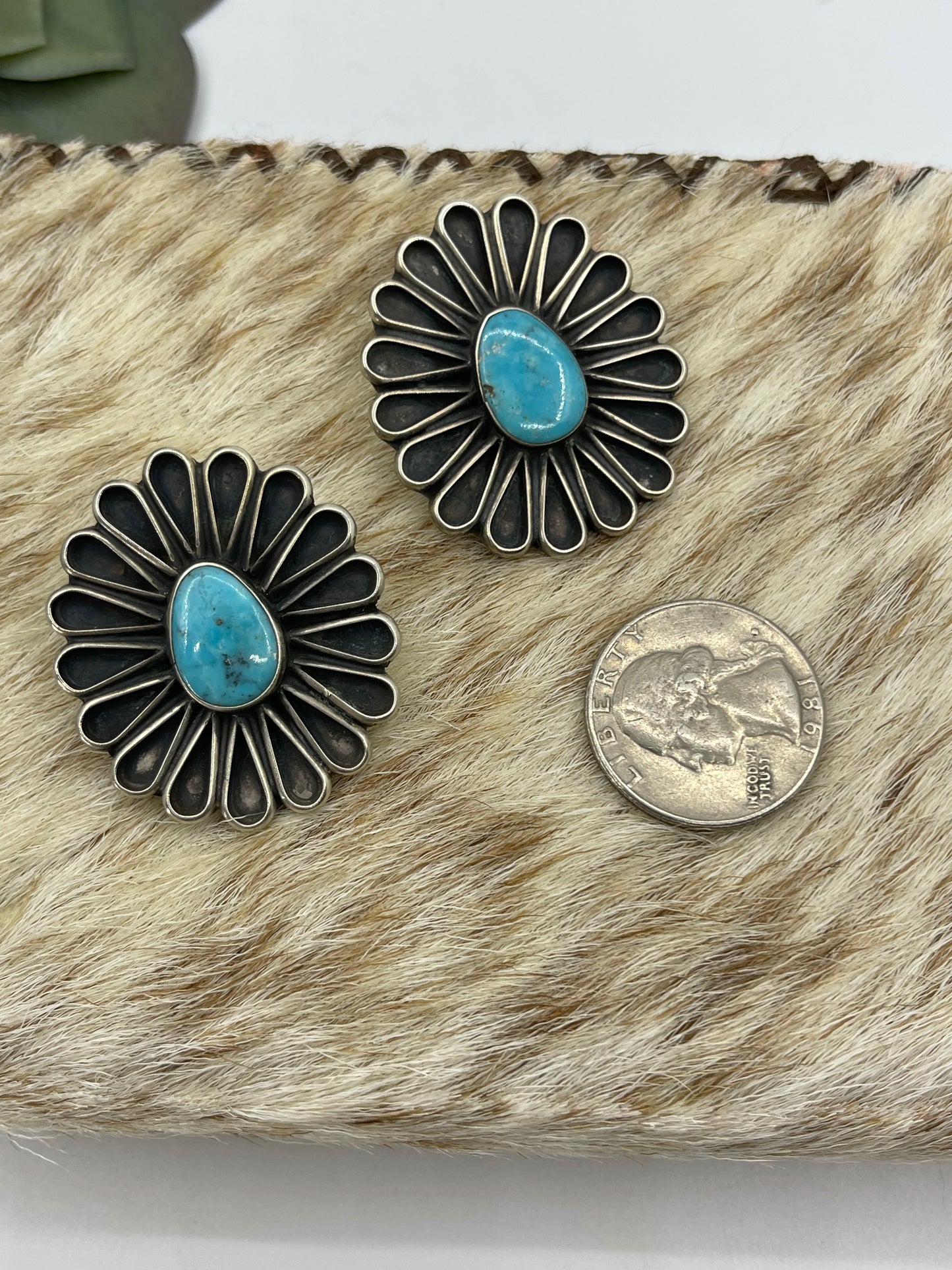 Turquoise Fan Flower Blossom Earrings by Geraldine James, Navajo
