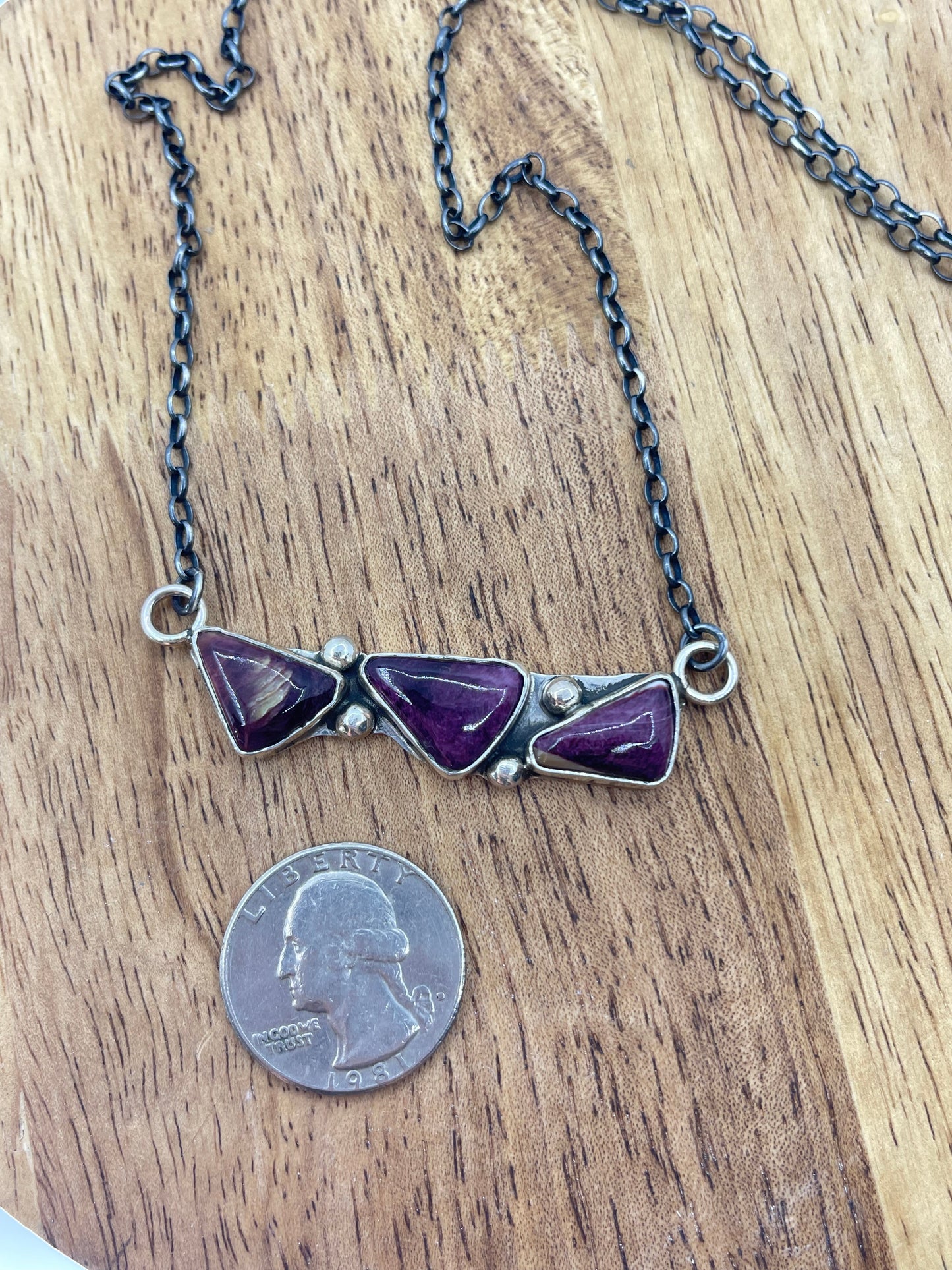 18" 3 Stone Purple Spiny Oyster Shell Necklace by Jude Candeleria, Zuni