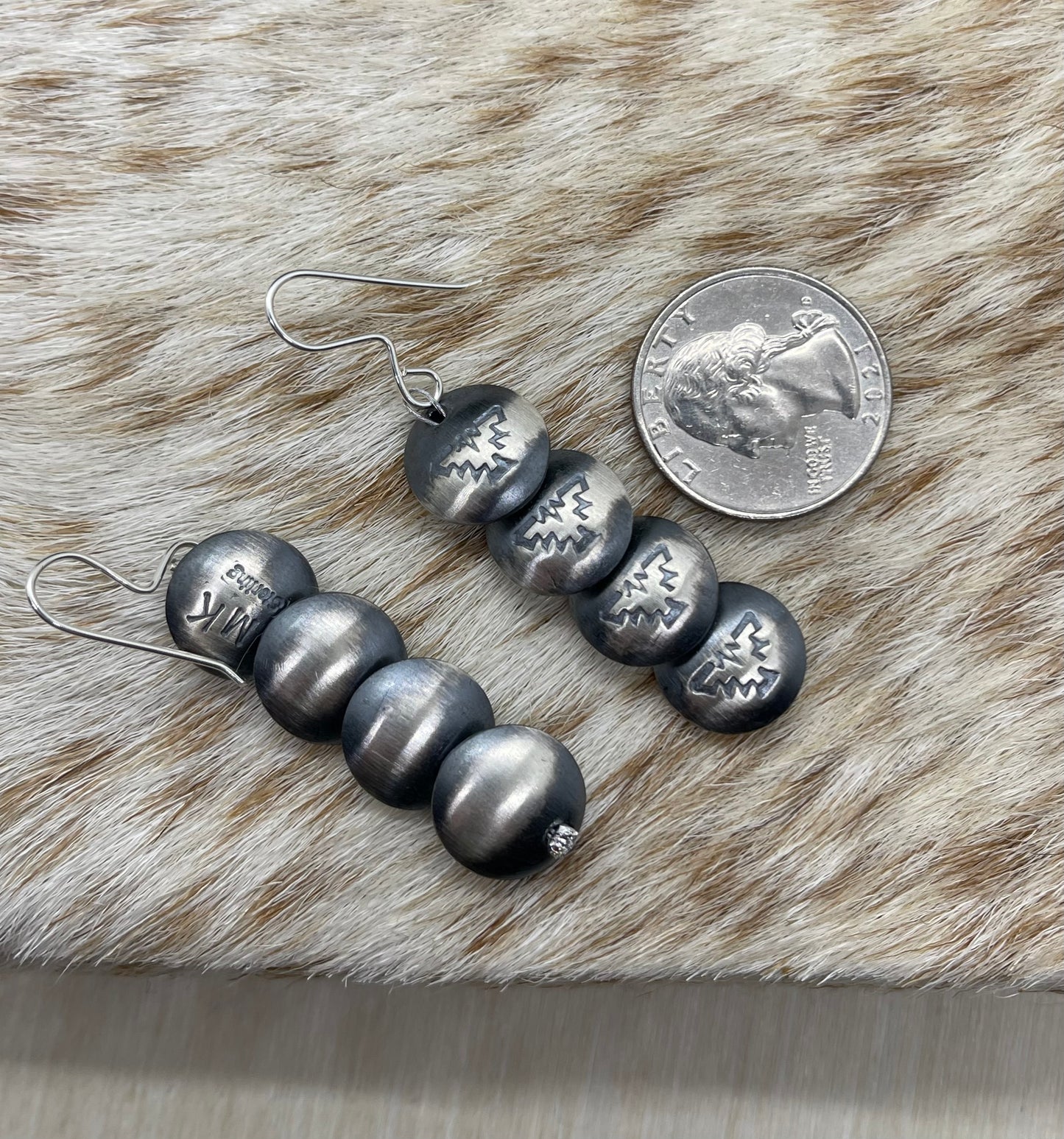 Stamped Pillowbead Dangle Earrings by Maryetta Daukei Kellywood, Navajo