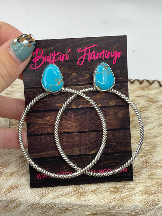 LOT 47 10/25 (Shape & Matrix of Stone Varies) Turquoise Post Hoop Earrings by Verley Betone, Navajo