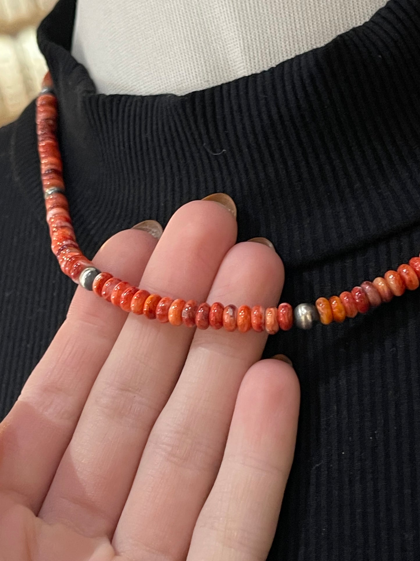 18" Red Spiny Oyster Shell and Navajo Pearls Necklace