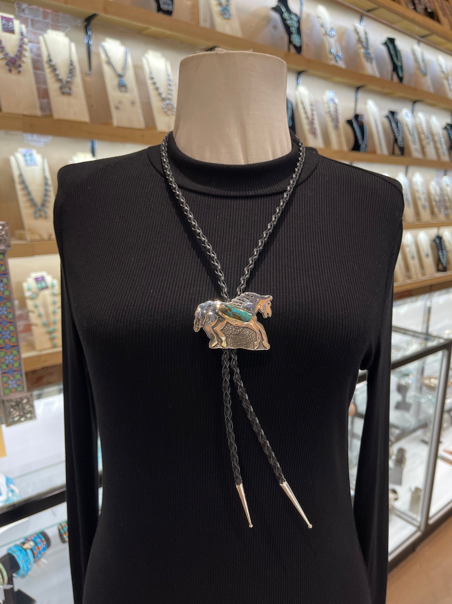 Kingman Turquoise Horse Bolo by Marie Jackson, Navajo