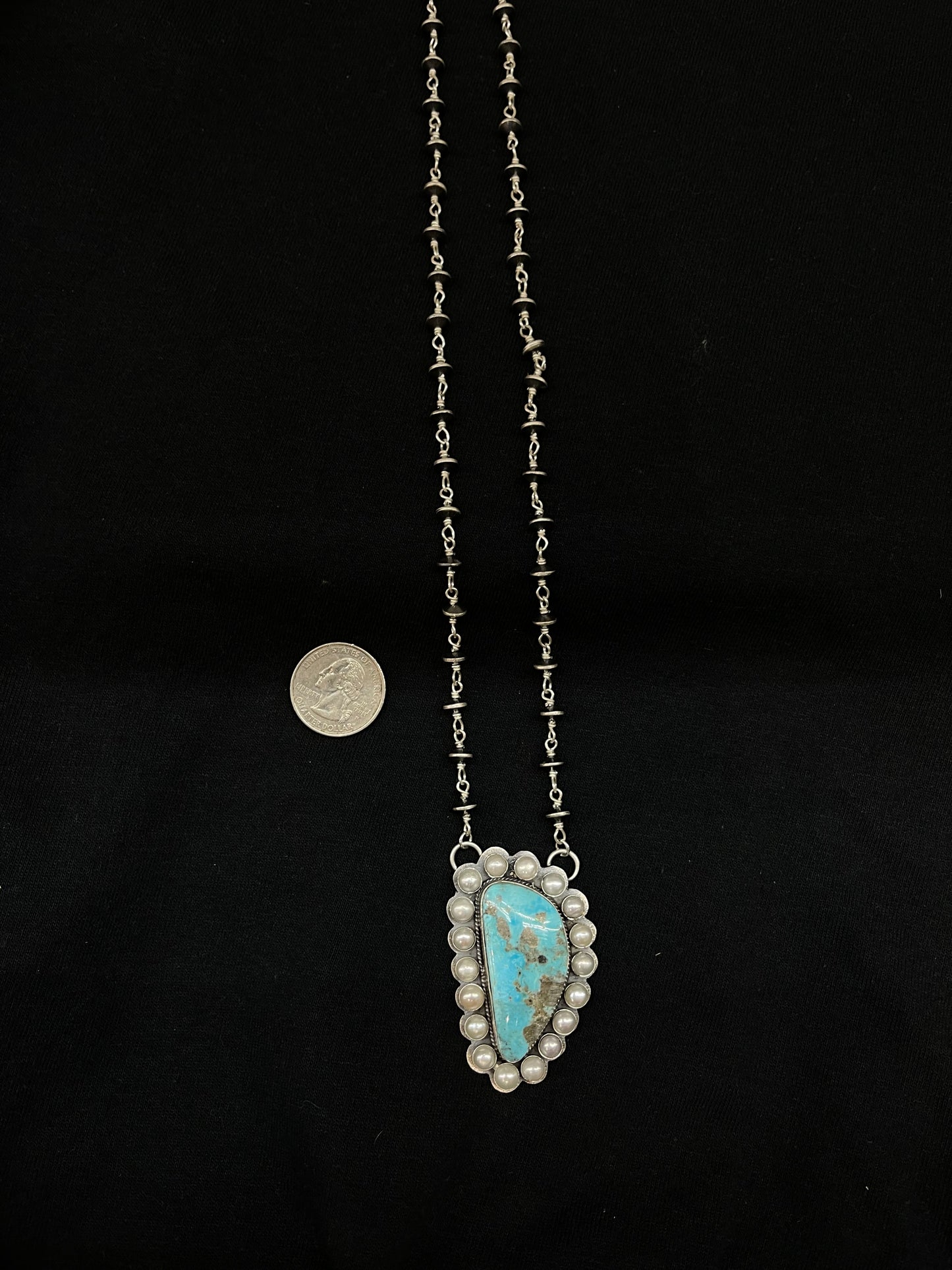 20" Turquoise and Freshwater Pearls Necklace with Navajo Saucer Pearls by Kevin Begay, Navajo