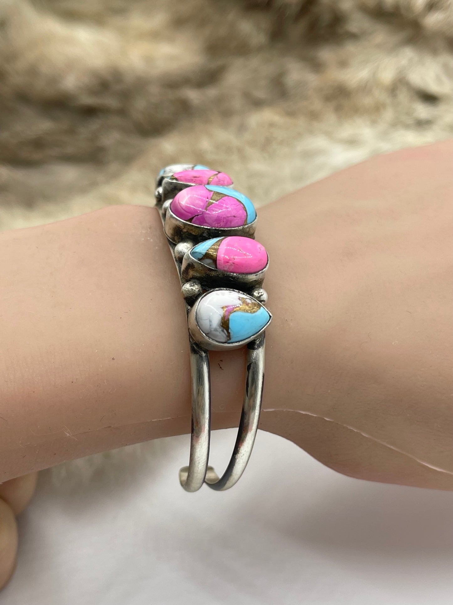 5.5”-7” 5 Stone Cotton Candy Cuff by Augustine Largo, Navajo