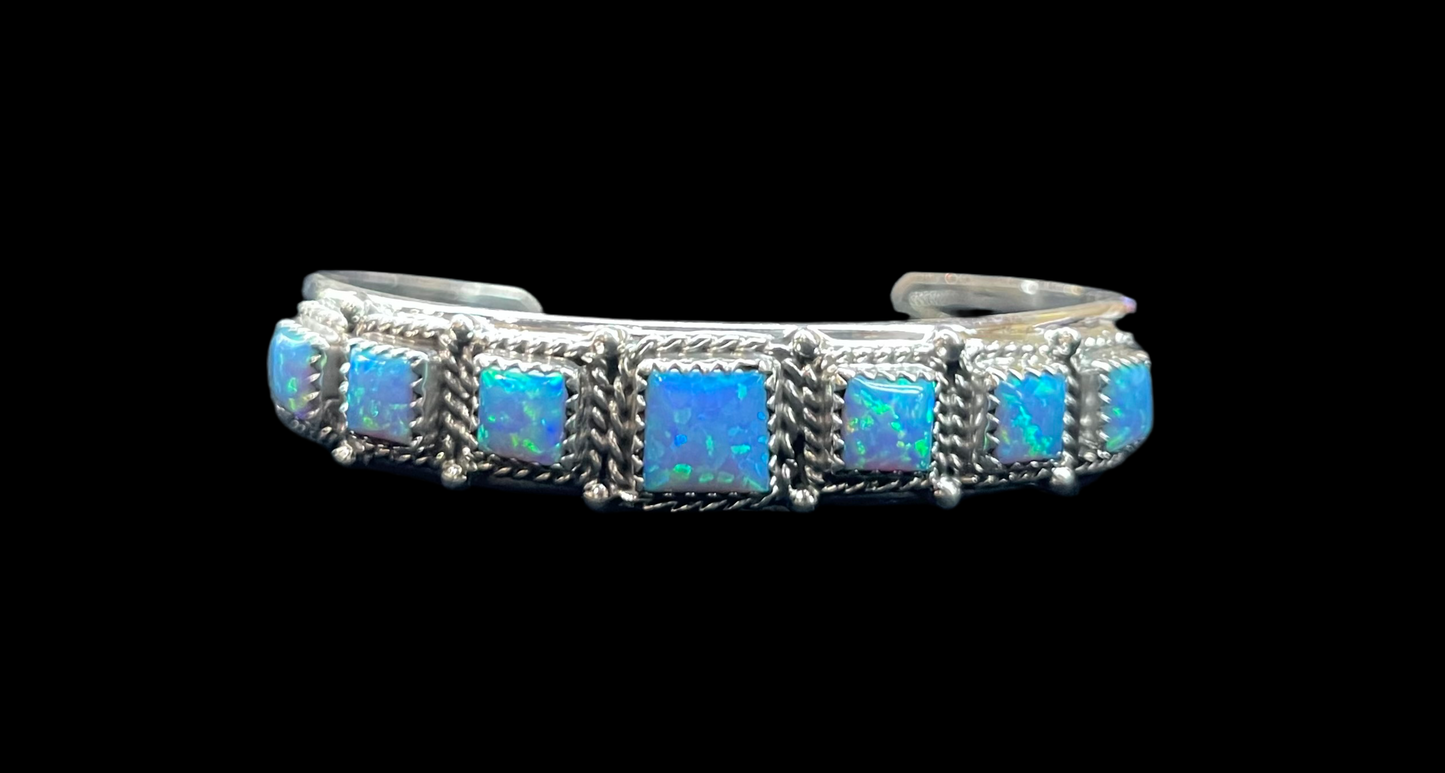 6"-7" 7 Stone Blue Opal Adjustable Cuff by Davey Morgan, Navajo