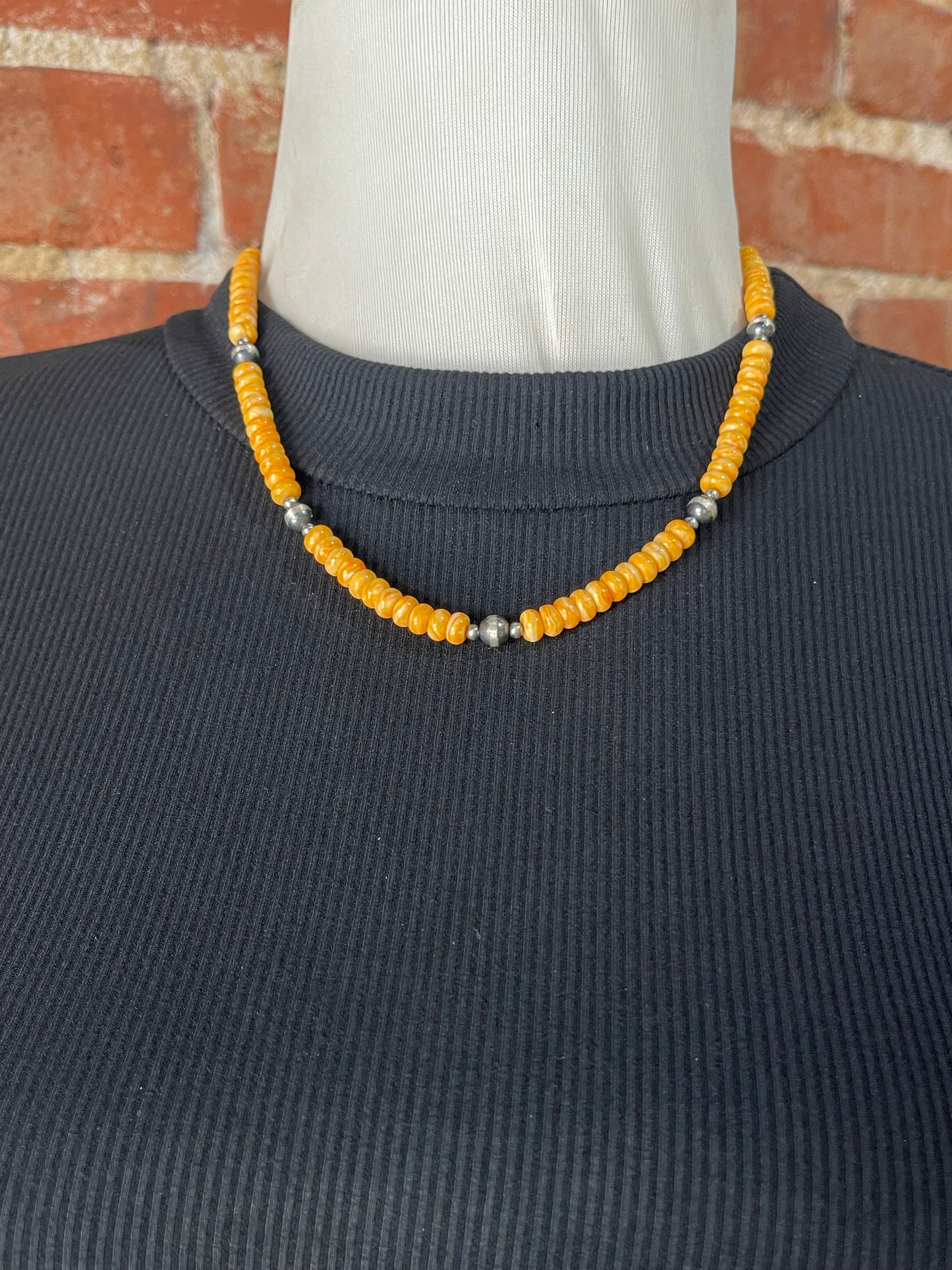 18" 6mm Orange Spiny Oyster and Navajo Pearls Necklace