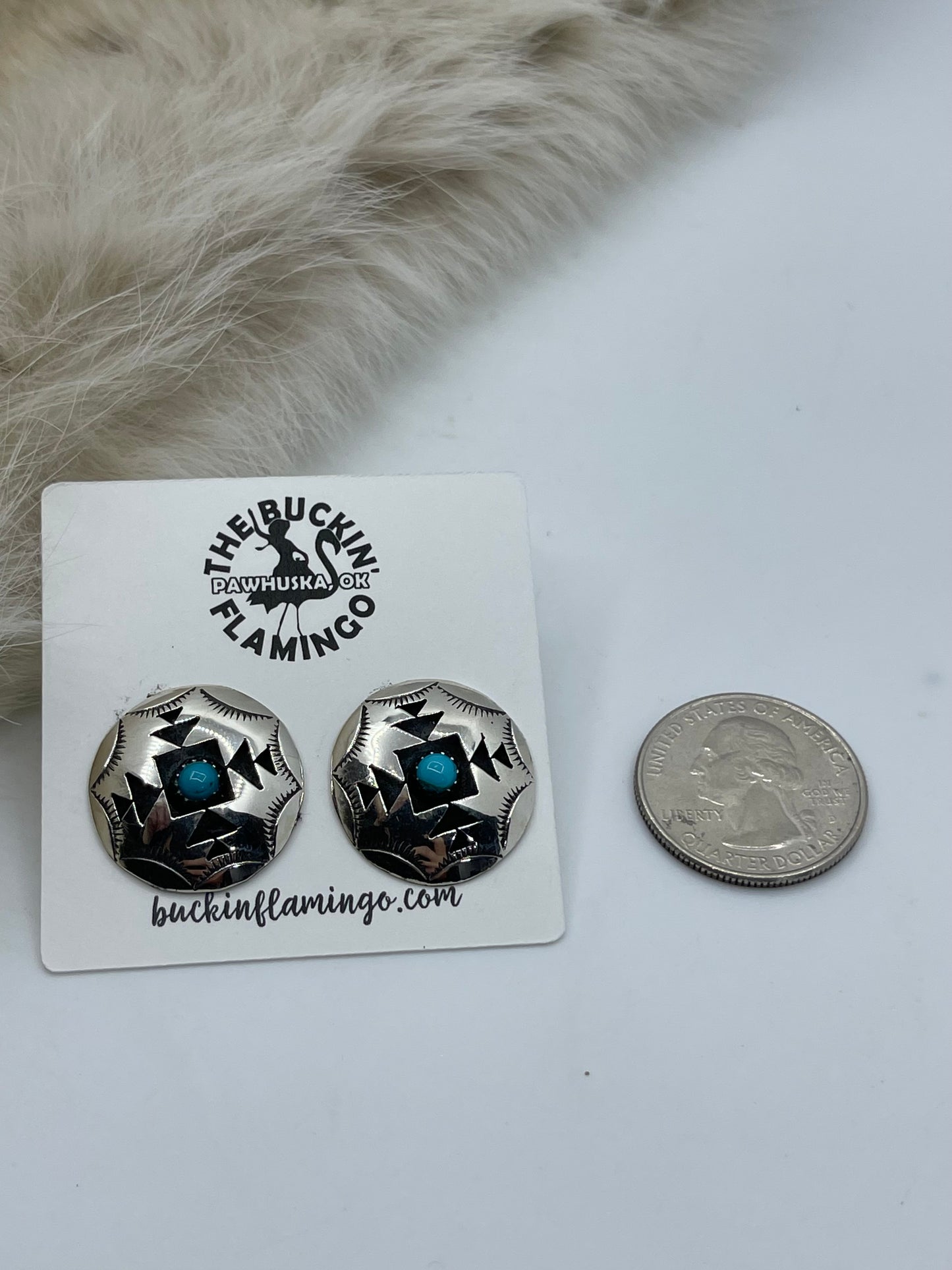 Circle Shadowbox Concho Earrings with Turquoise by Felix Perry, Navajo