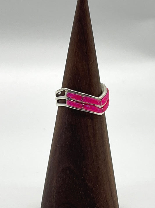 6.5 Hot Pink Opal Inlay Ring by Jamie Johnson, Navajo