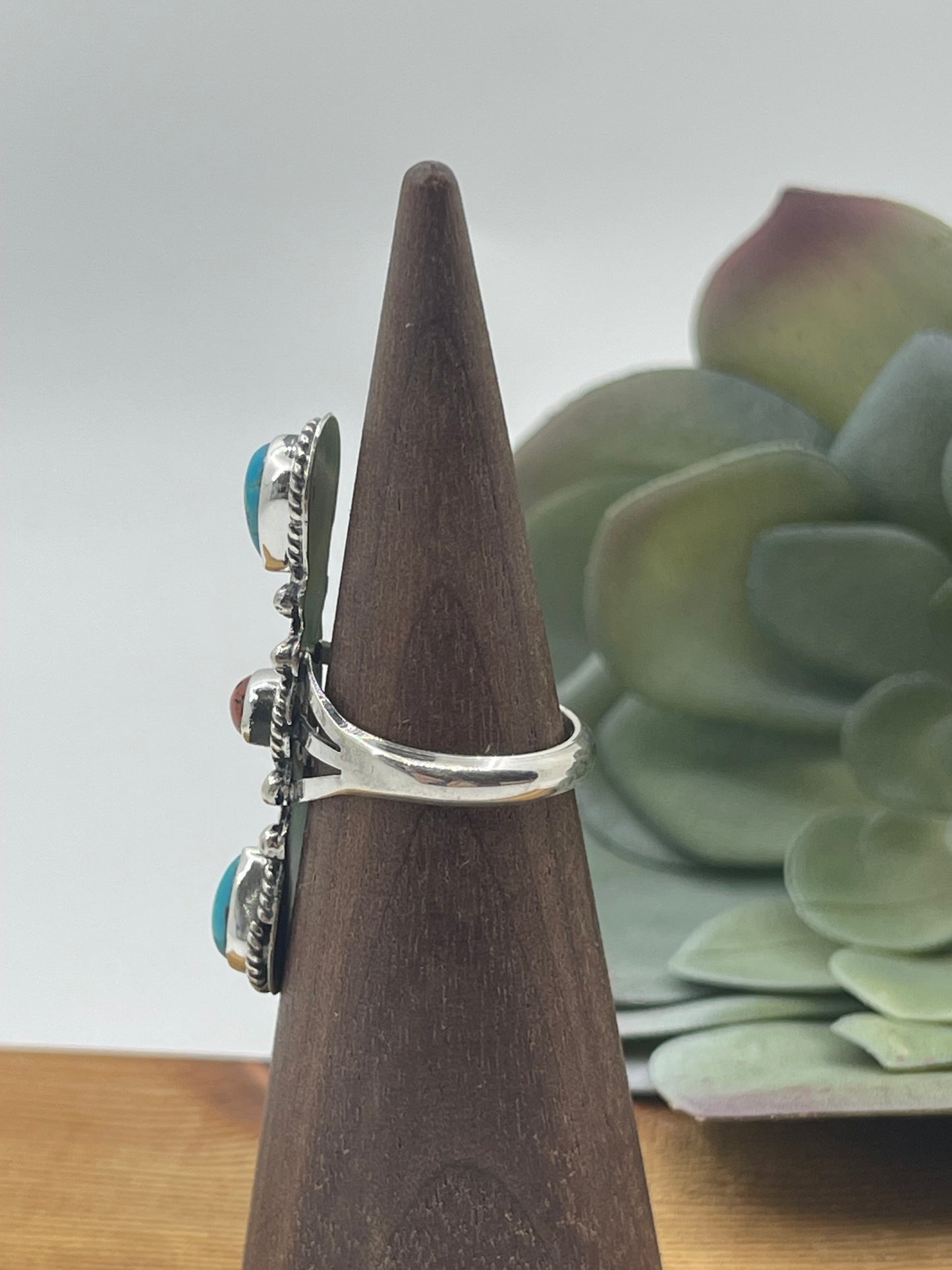 8.0 Turquoise and Red Coral Ring by Jerryson Henio, Navajo