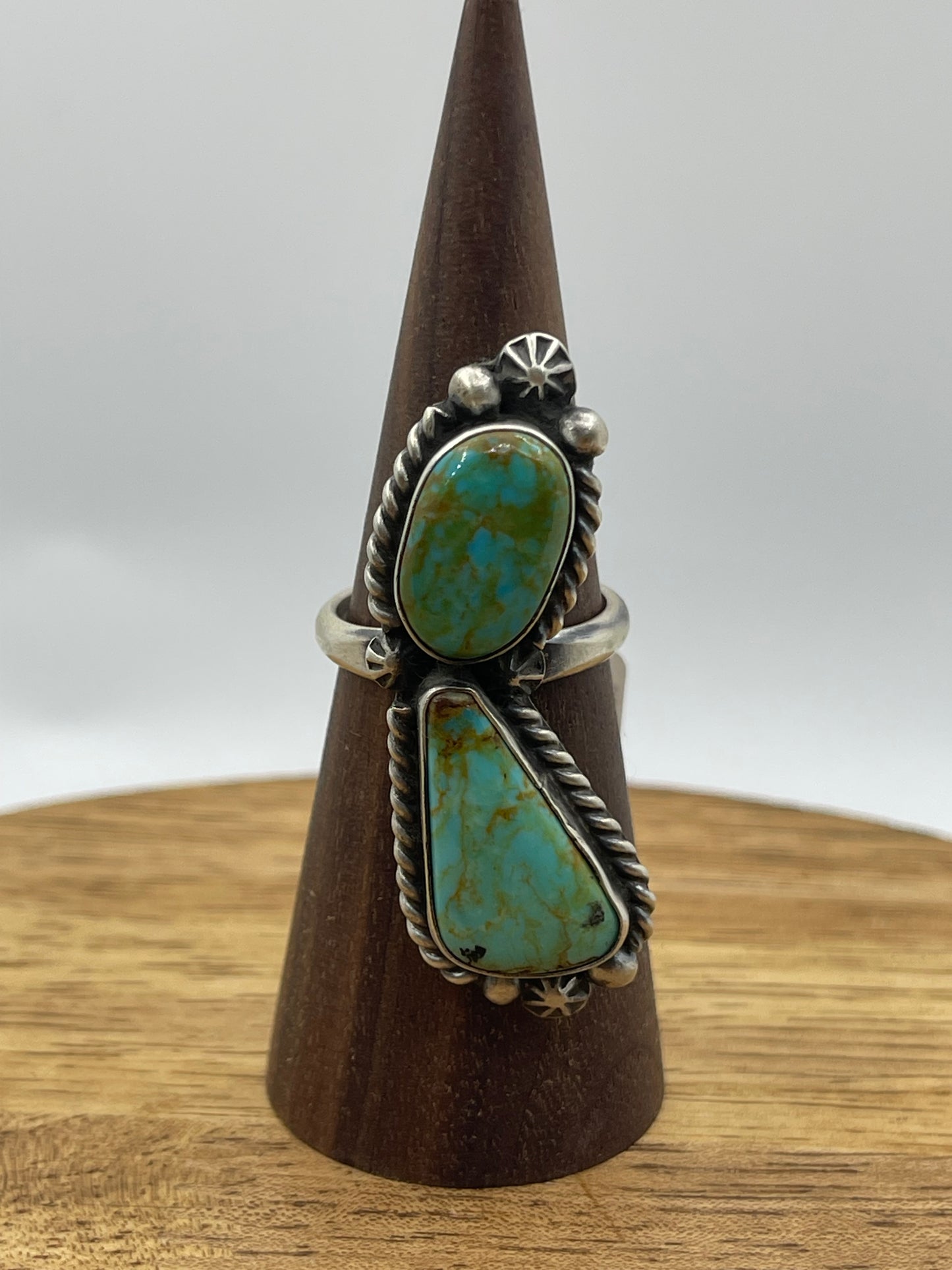 Adjustable 2 Stone Turquoise Ring by Eugene Belone, Navajo (6.0-12.0)
