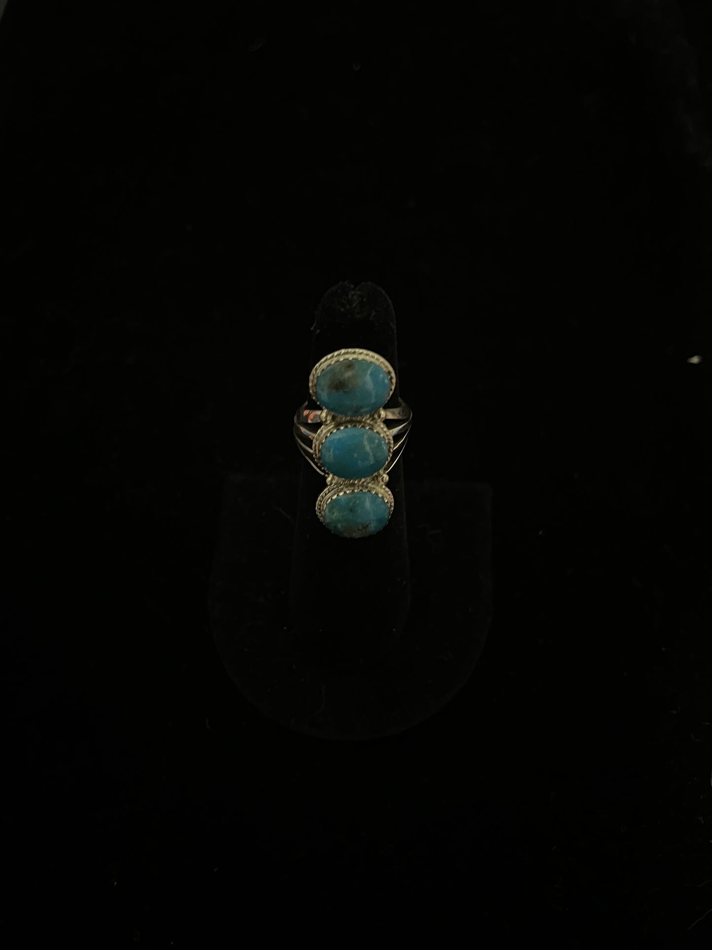 4.5 3 Stone Turquoise Ring by Sheena Jack, Navajo