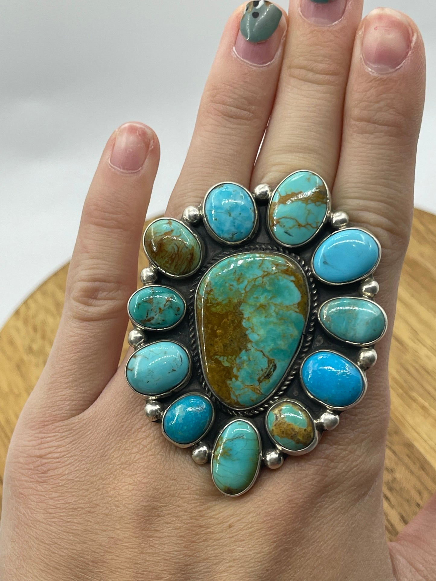 Adjustable 6.0-11.0 Turquoise Cluster Ring by Geraldine James, Navajo