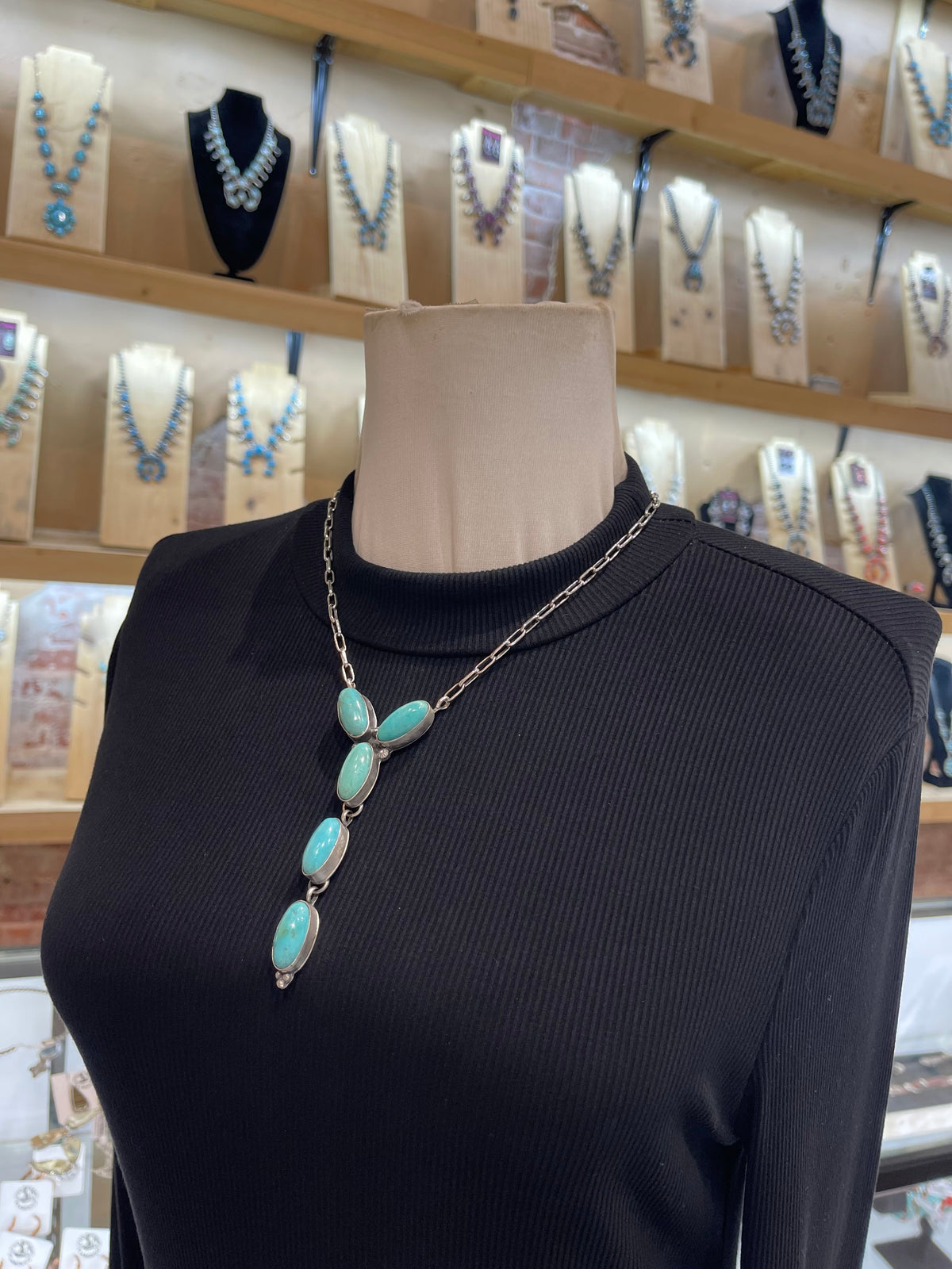 18” +3.5” 5 Stone Turquoise Lariat Necklace Stamp L by Artist