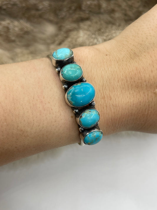 5.5"-7.25" 5 Stone Kingman Turquoise Cuff by Augustine Largo, Navajo