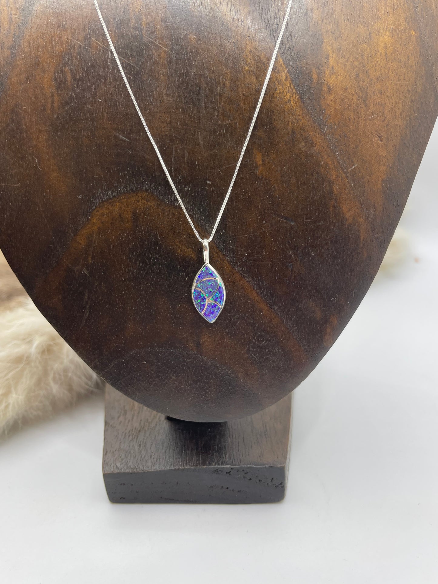 18" Chain with Cats Eye Fish Scale Opal Inlay Pendant by Delorna Lahe, Zuni