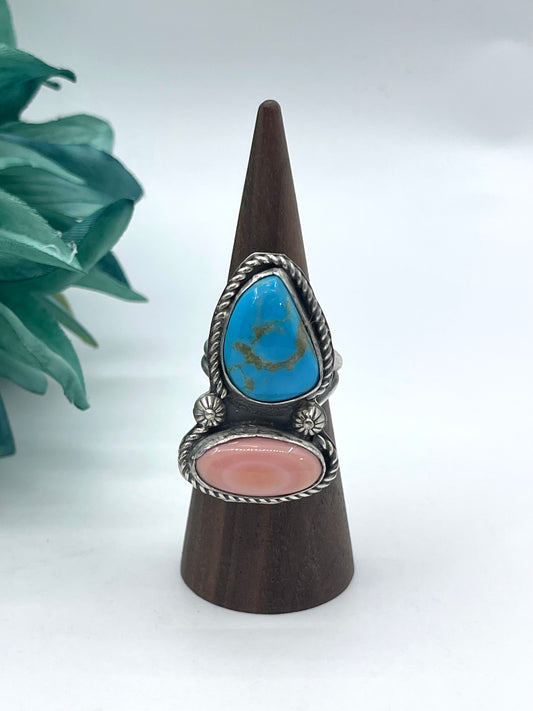 Adjustable Kingman Turquoise & Pink Conch Shell 2 Stone Adjustable Ring 6.0-10.0 by Boyd J. Ashley, Navajo
