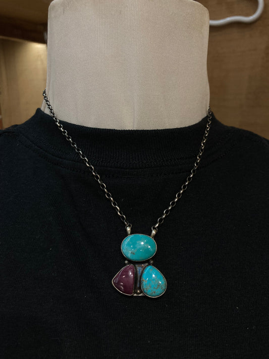 `16" 3 Stone Purple Spiny Oyster and Kingman Turquoise by Donovan Skeet, Navajo