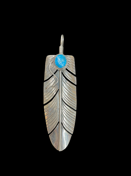 High End Kingman Turquoise Feather Pendant by Jeff Largo, Navajo