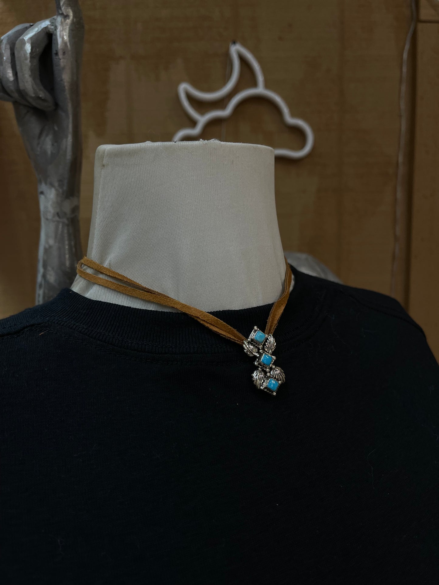 12"+3" Leather and Turquoise Necklace by Running Bear, Navajo