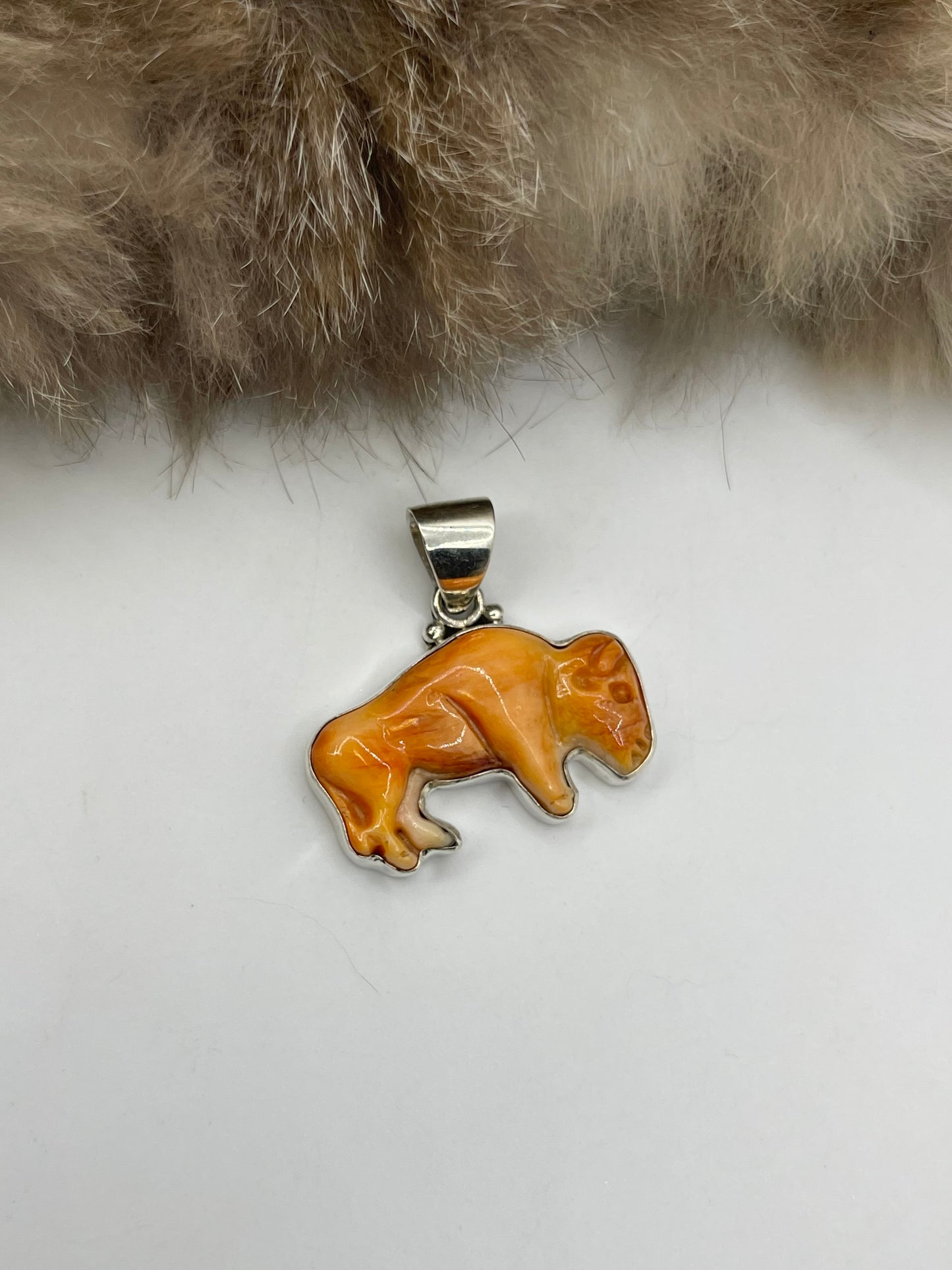 6.5mm Bail Orange Spiny Oyster Carved Buffalo Pendant