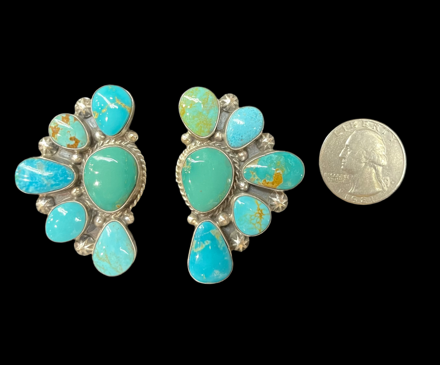 Kingman Turquoise Half Cluster Post Earrings by Elouise Kee, Navajo