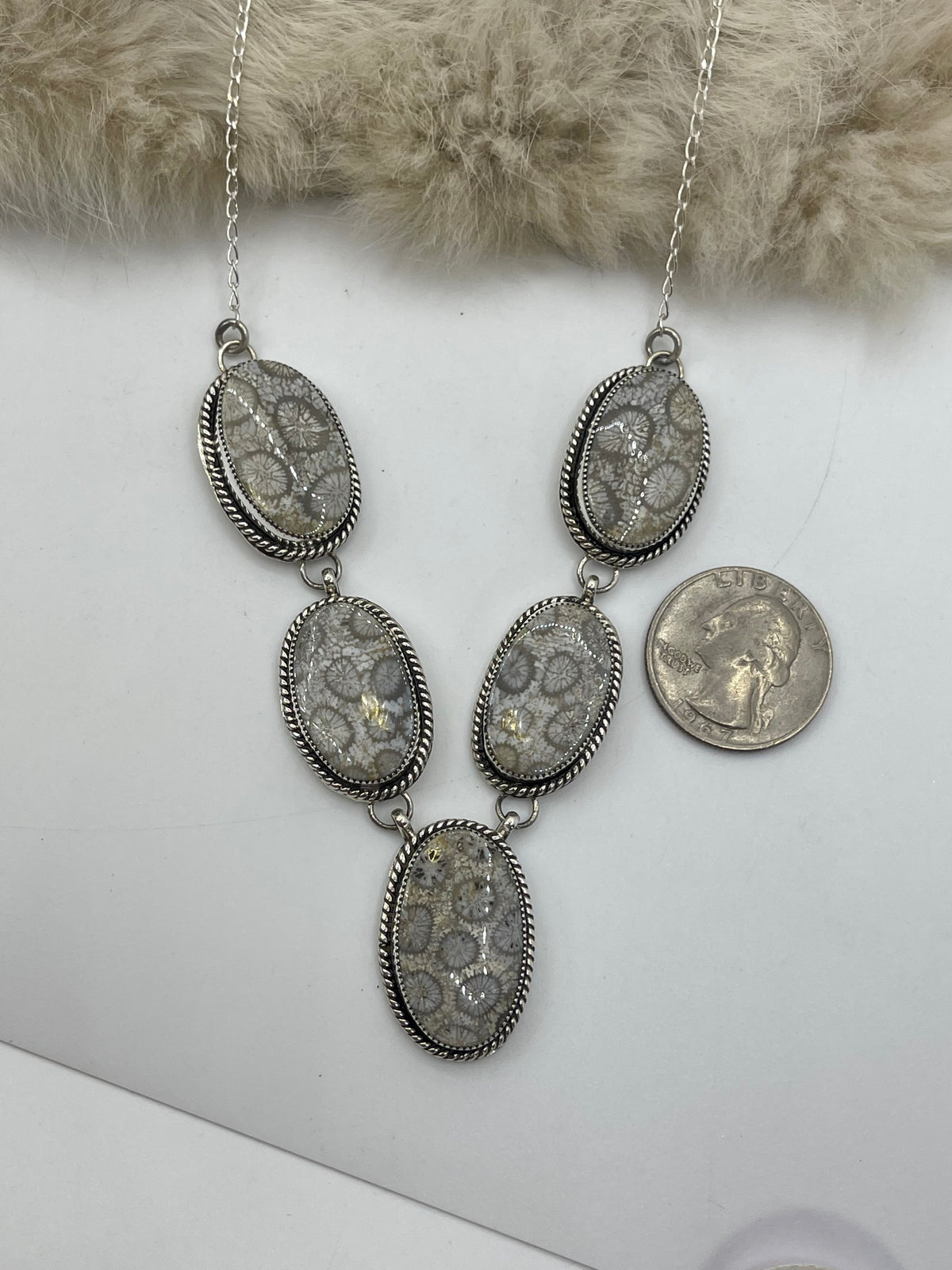 5 Stone Necklace & Earring Set Fossil Coral by Joe Begay, Navajo
