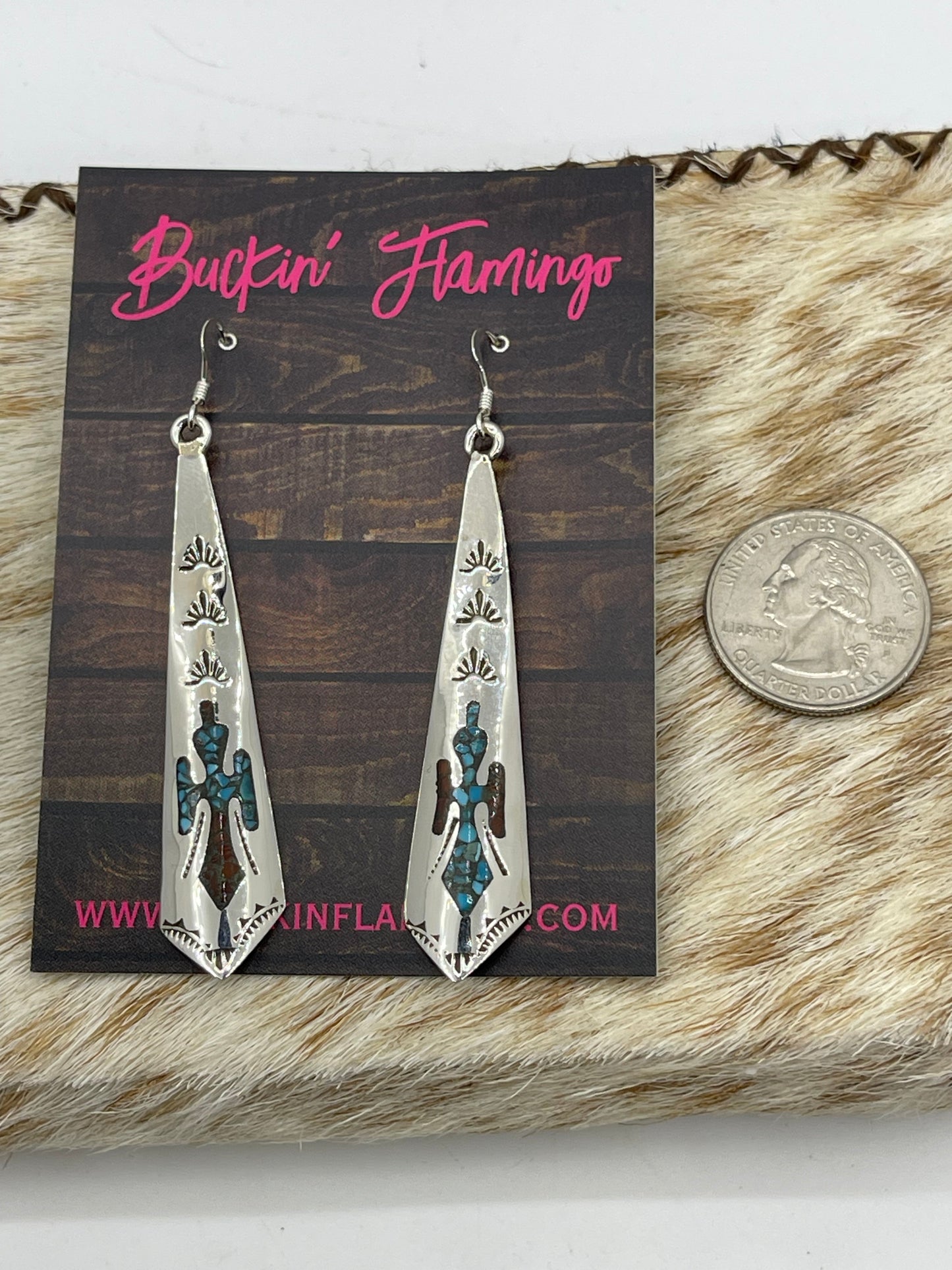 Turquoise and Coral Chip Inlay Dangle Earrings by Jolene Yazzie, Navajo