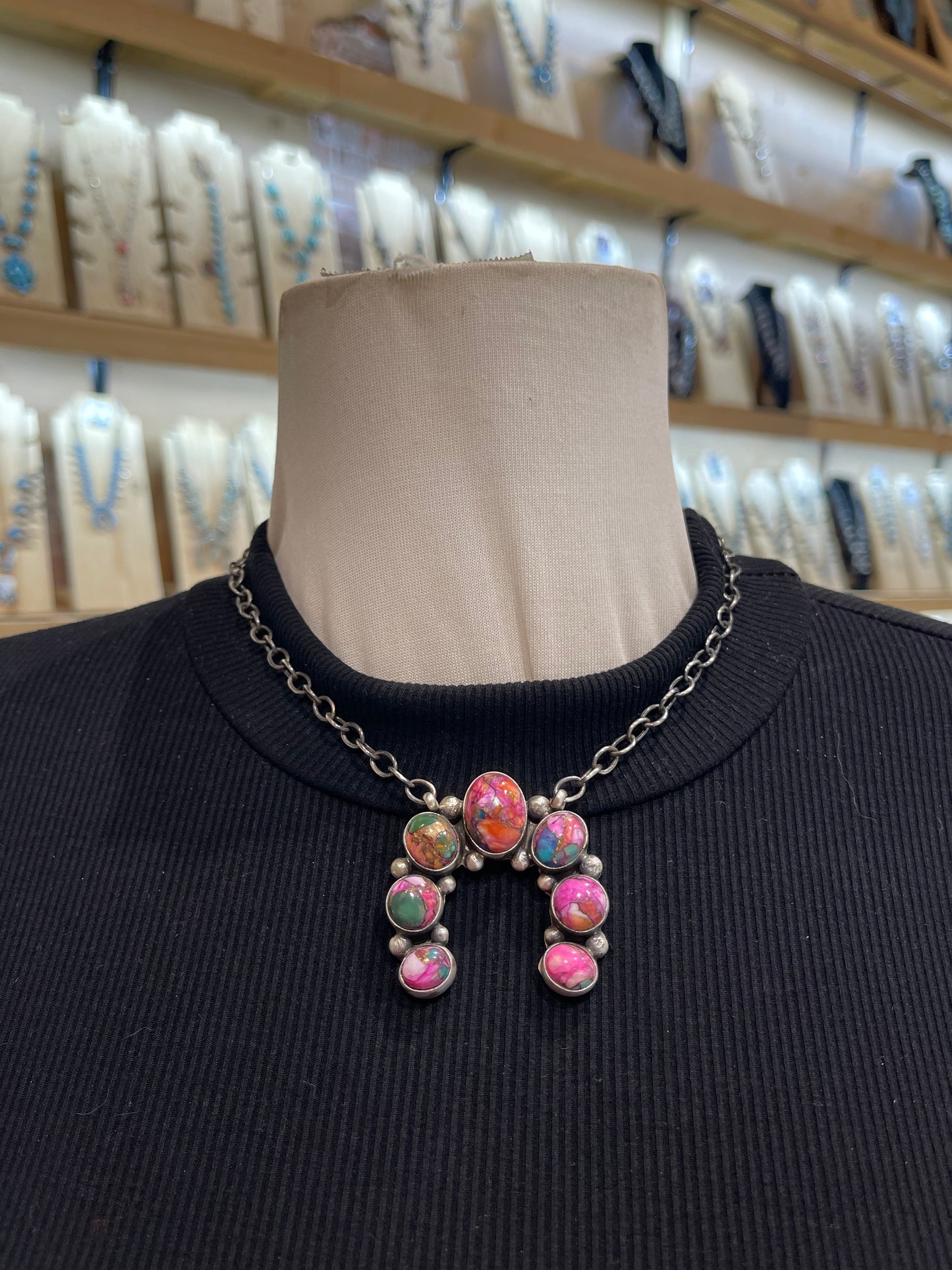 16" Pink Dahlia Naja Necklace by Augustine Largo, Navajo
