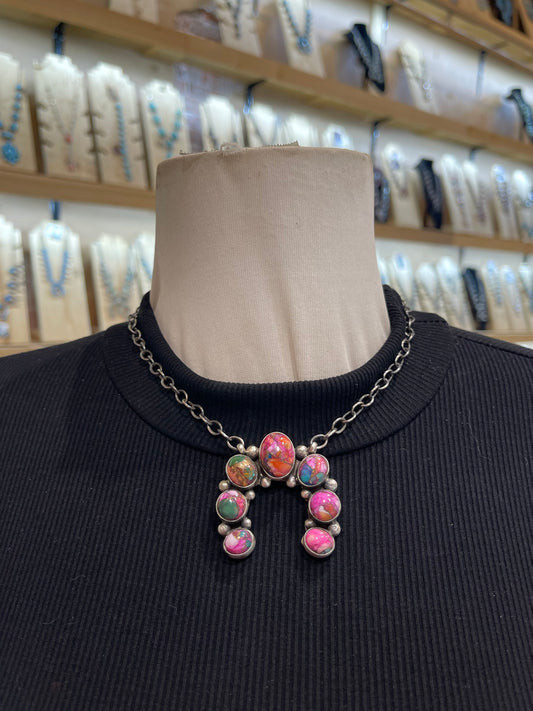 16" Pink Dahlia Naja Necklace by Augustine Largo, Navajo
