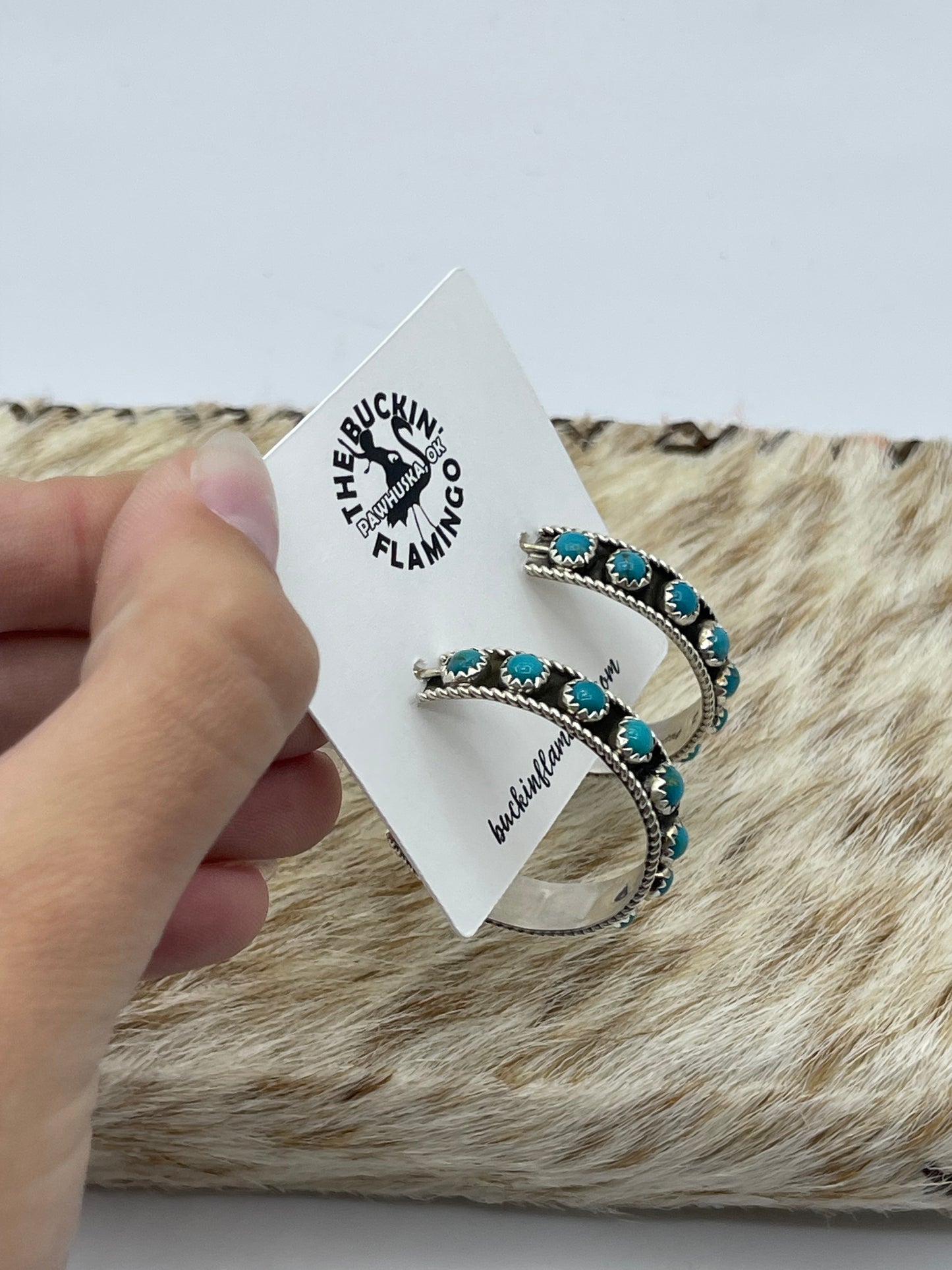 Turquoise Post Hoop Earrings by Falencia Yazzie, Navajo