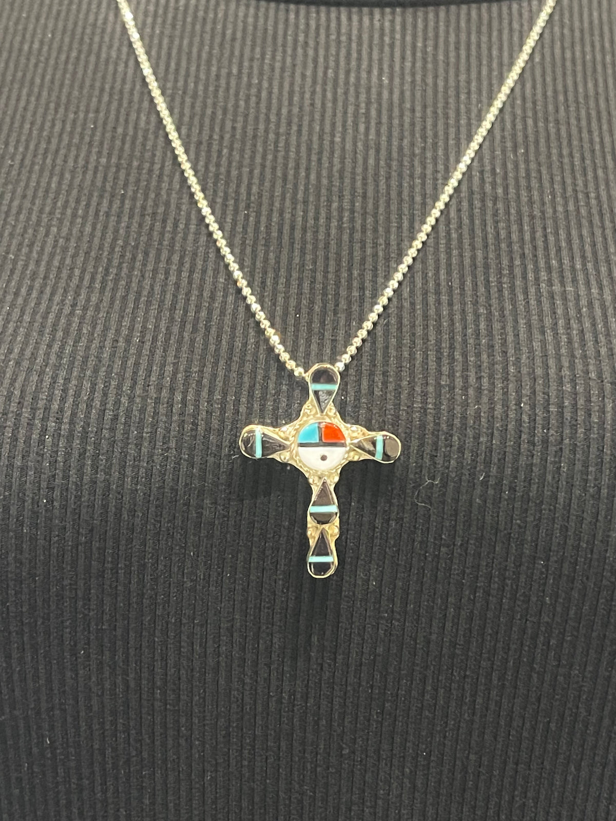 24" Necklace Inlay Sunface Cross Pendant by Clifton Bowannie, Zuni