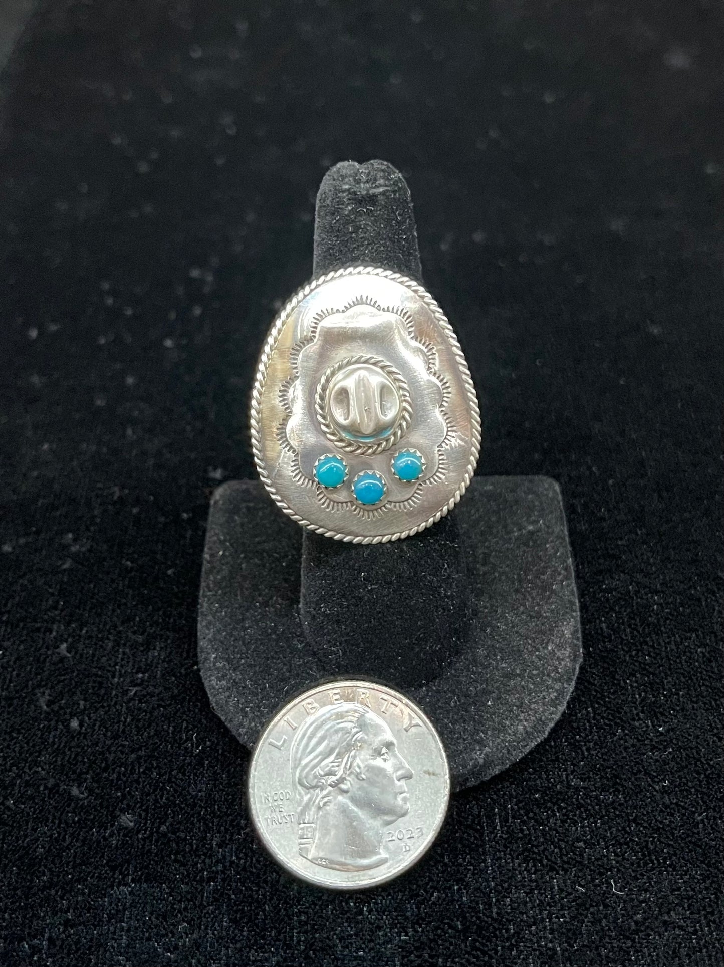 Sterling Silver Cowboy Hat with Sleeping Beauty Turquoise Ring by Bobby Platero, Navajo