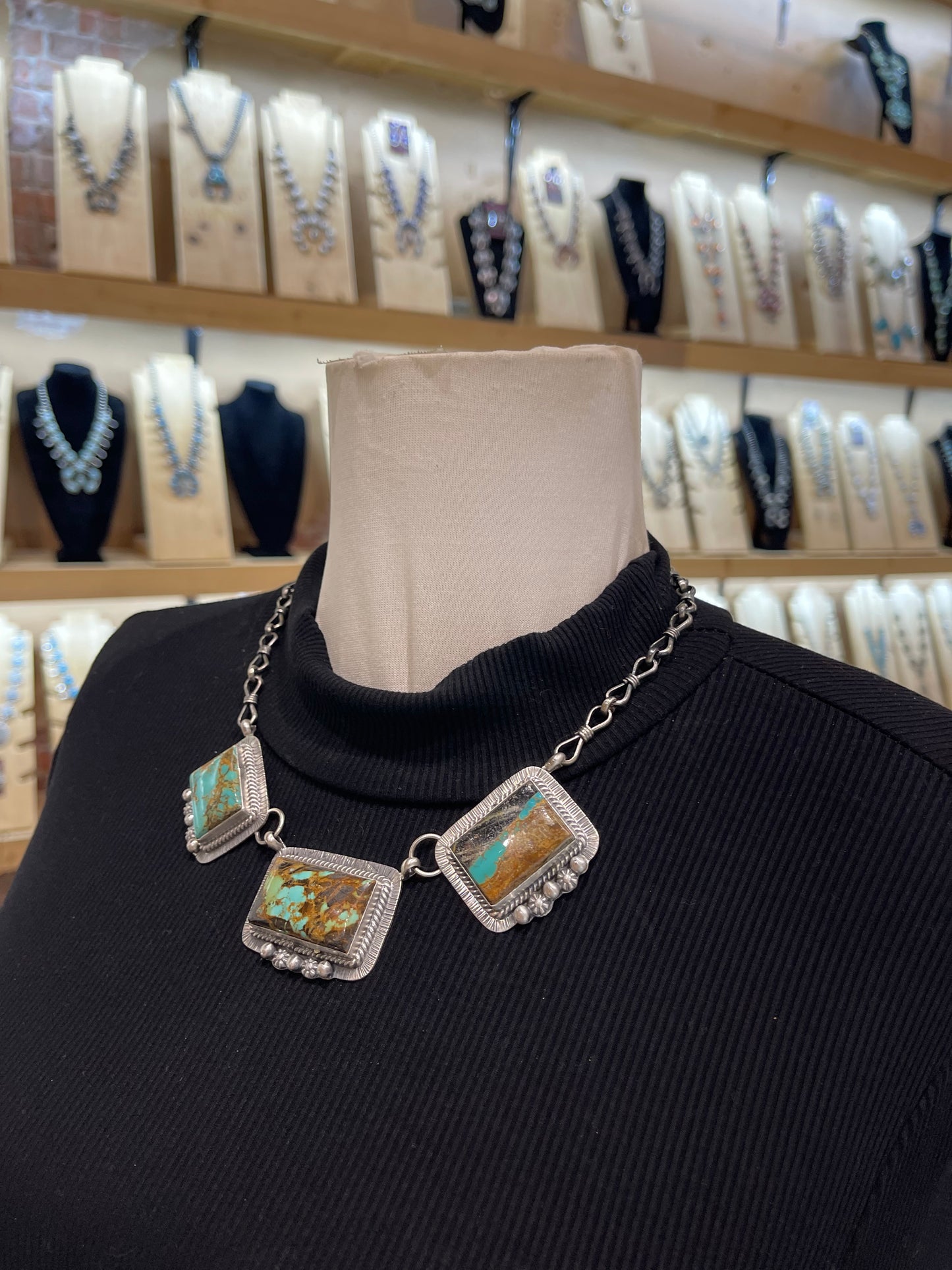 18" Blackjack Turquoise 3 Stone Necklace by Lyle Piaso, Navajo