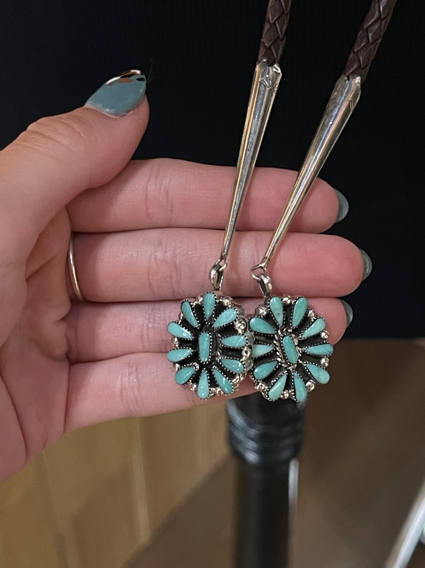 Turquoise Cluster Bolo Tie with a Brown Leather Chord