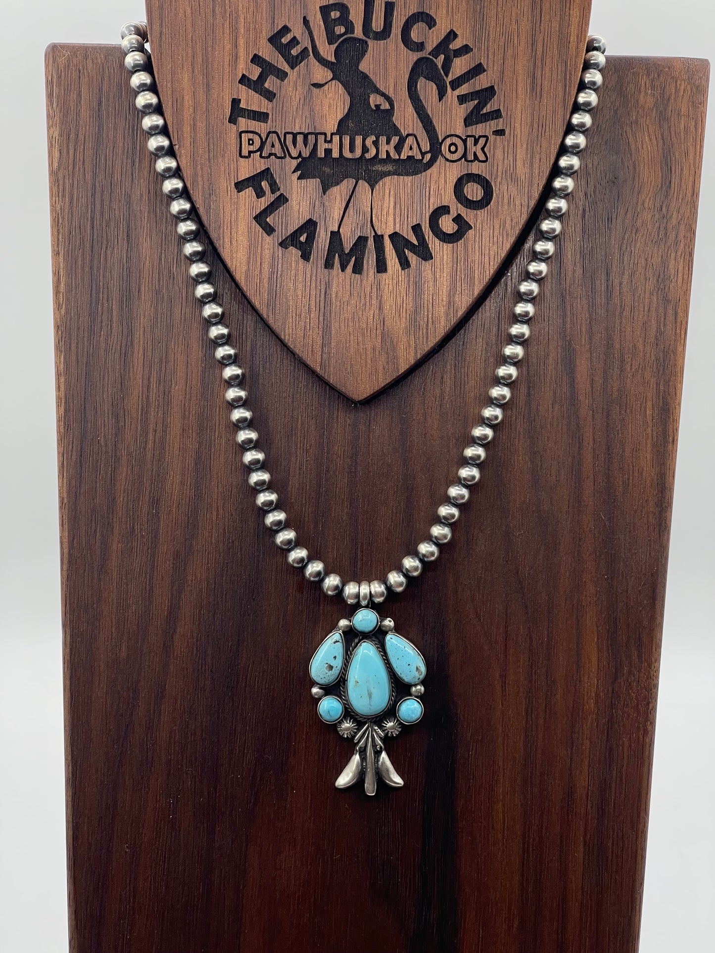 16" 6mm Navajo Pearls and Turquoise Blossom Necklace by Bobby Platero, Navajo