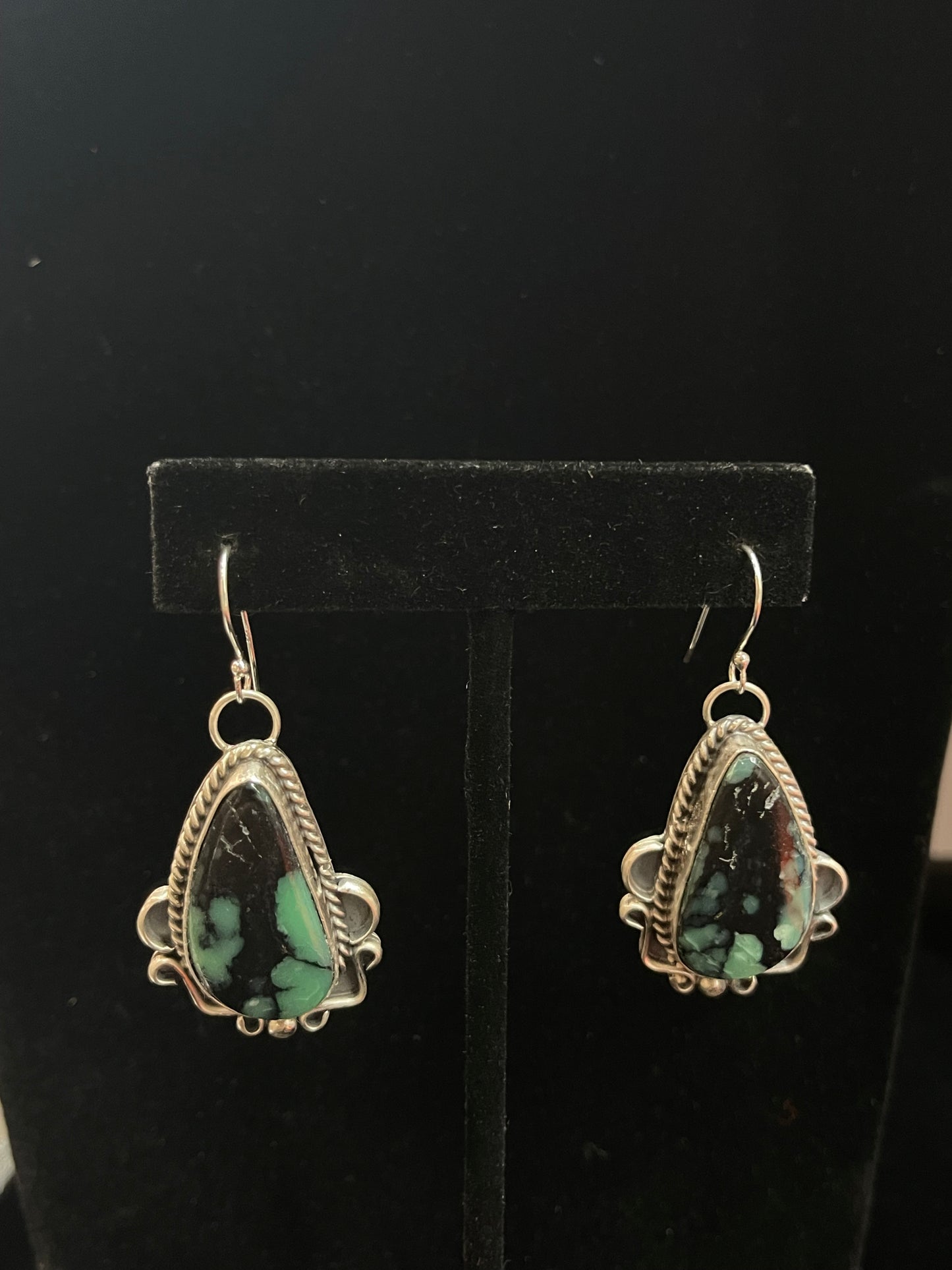 Emerald Rose Dangle Earrings by Terrell Nez Sr., Navajo