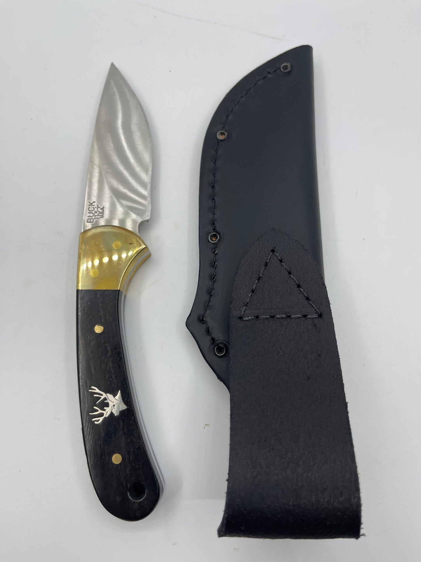 7 1/4" Buck Knife with Silver Inlaid Elk and Black Sheath, Navajo