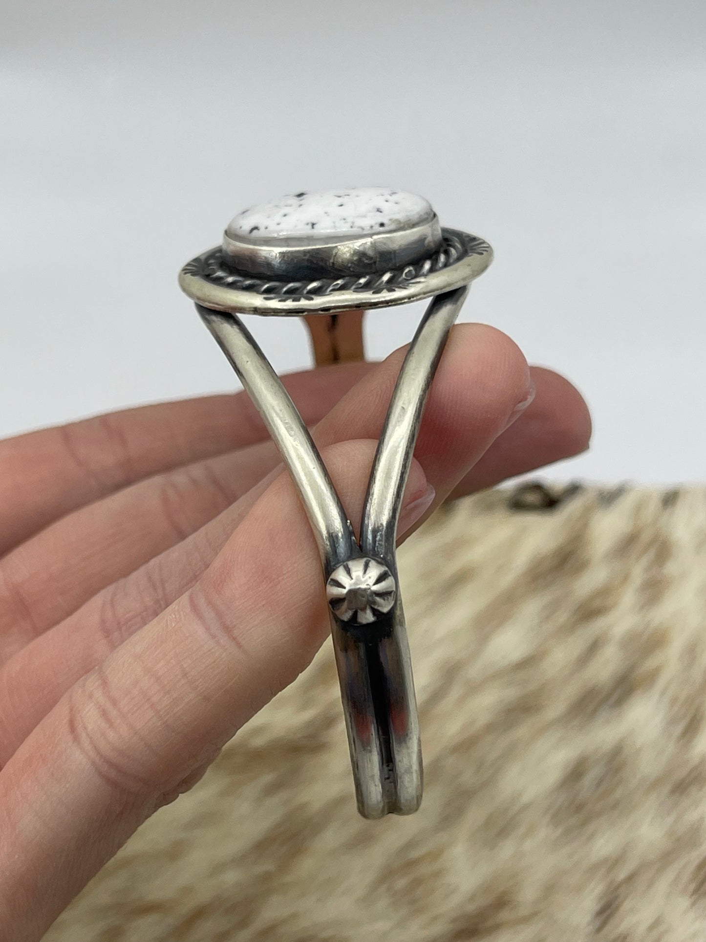 5 3/4"-7 1/4" White Buffalo Oval Cuff by Augustine Largo, Navajo