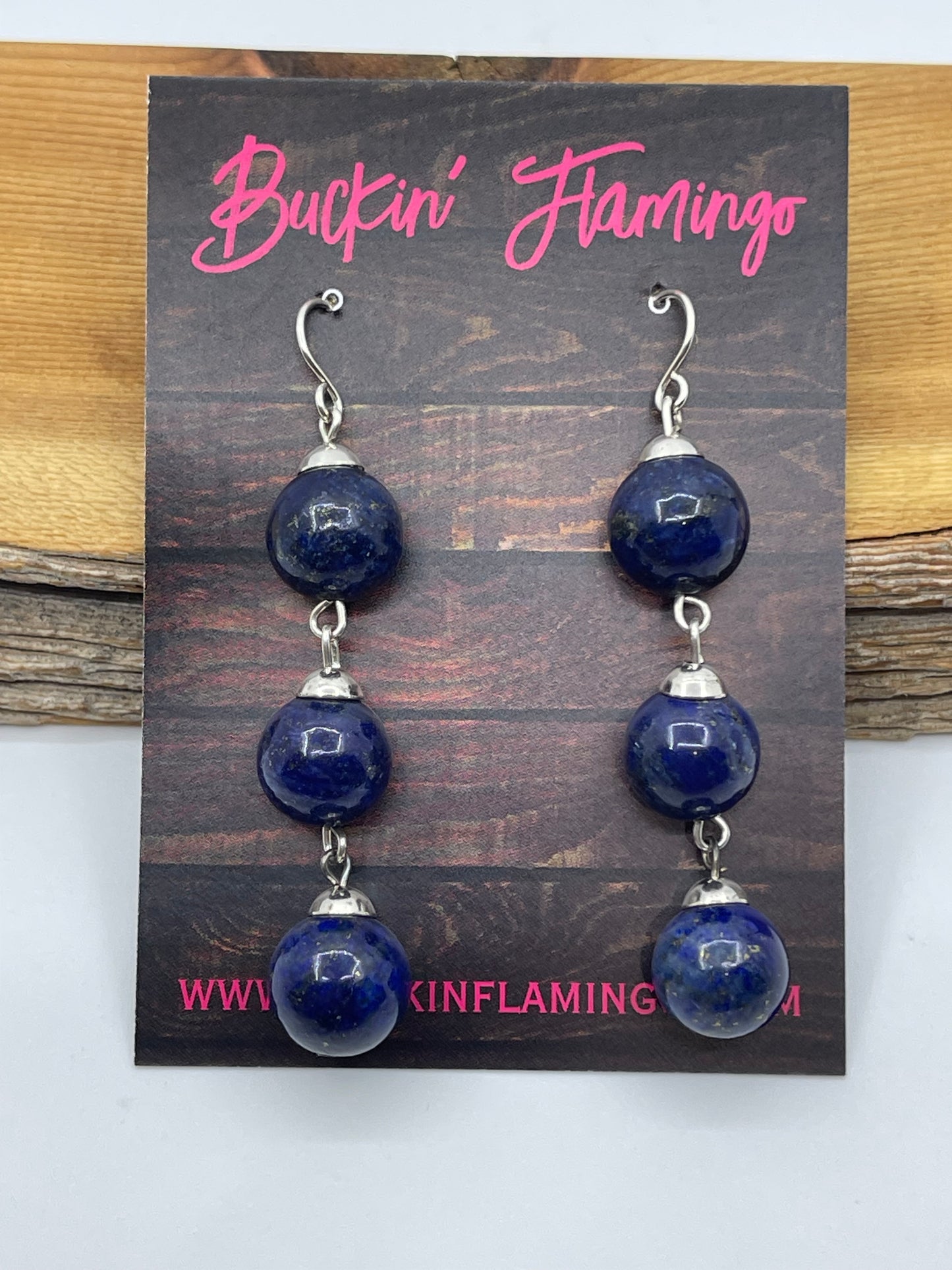 12.6mm 3 Stone Lapis Dangle Earrings