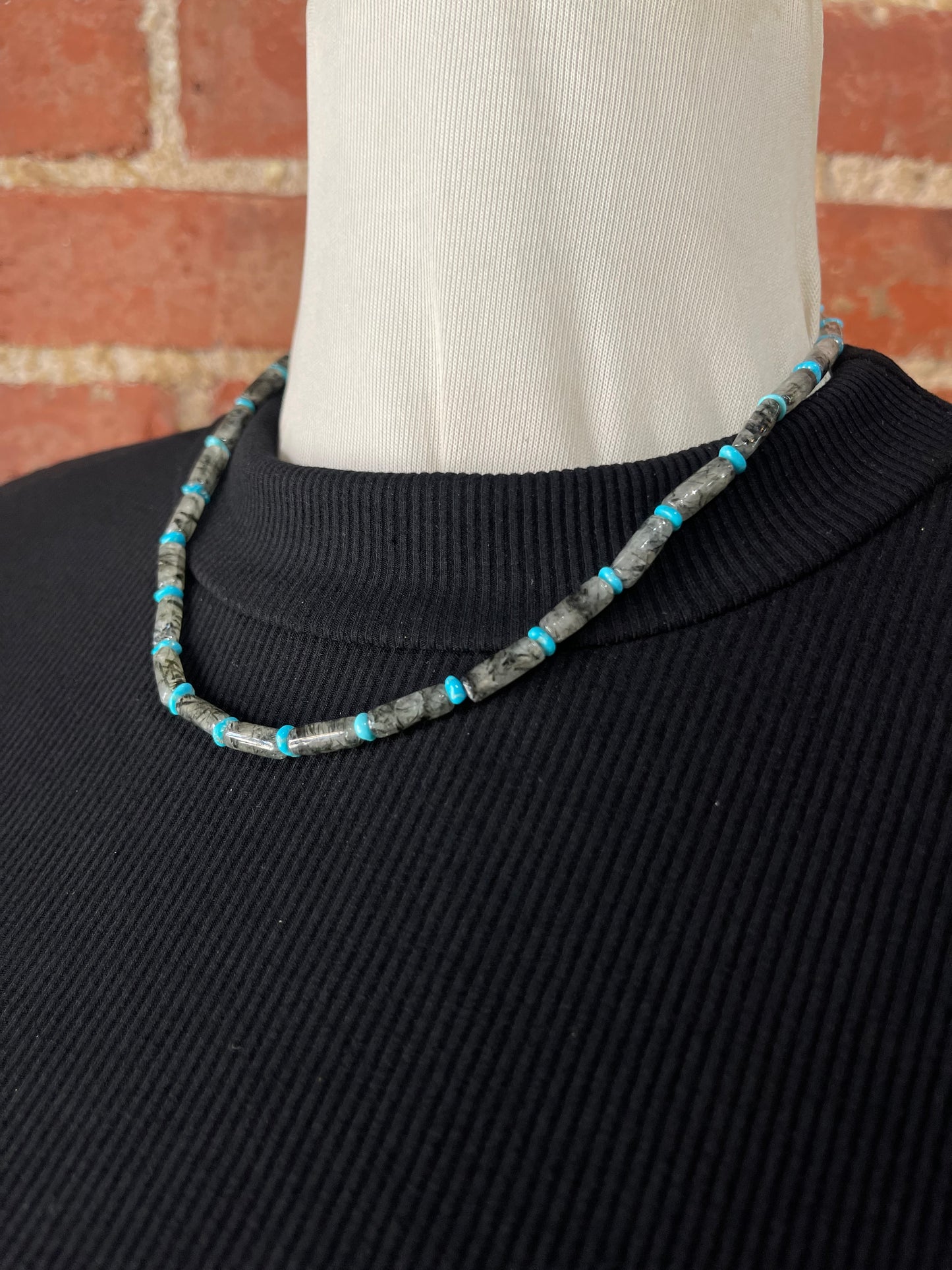 18" Smoky Quartz and Sleeping Beauty Turquoise Beaded Necklace, Navajo