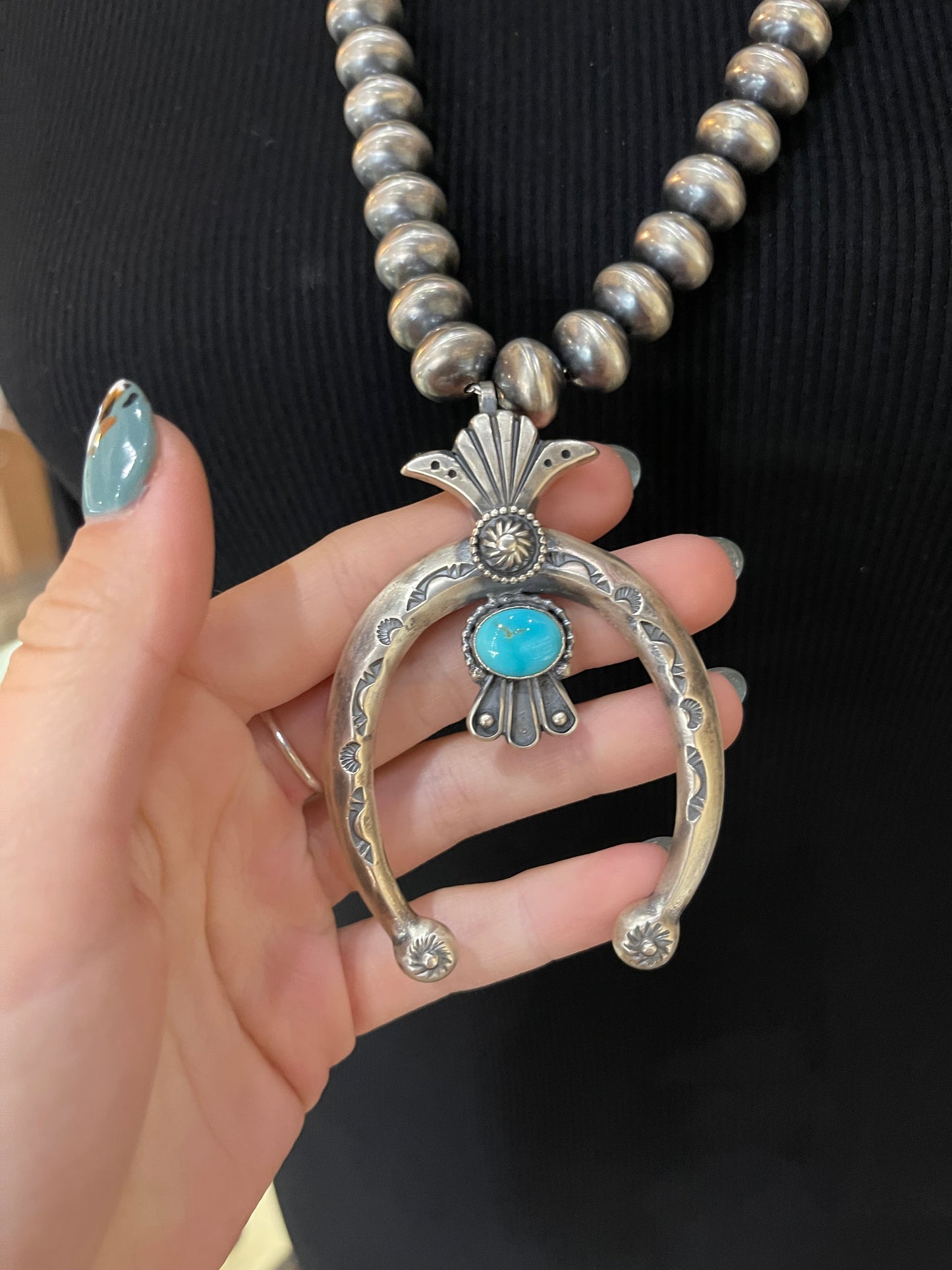 26" Turquoise Naja Pendant Necklace on 12mm Navajo Pearls