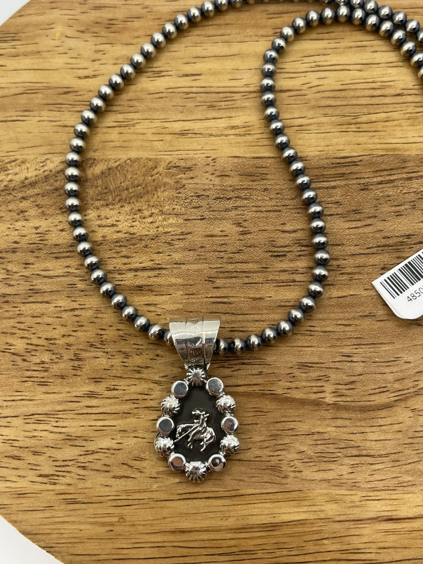 18" 4mm Navajo Pearls Necklace with Silver Trail Rider Pendant by Daniel Dakai, Navajo