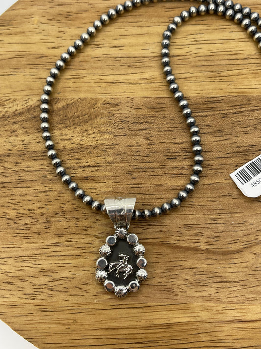 18" 4mm Navajo Pearls Necklace with Silver Trail Rider Pendant by Daniel Dakai, Navajo