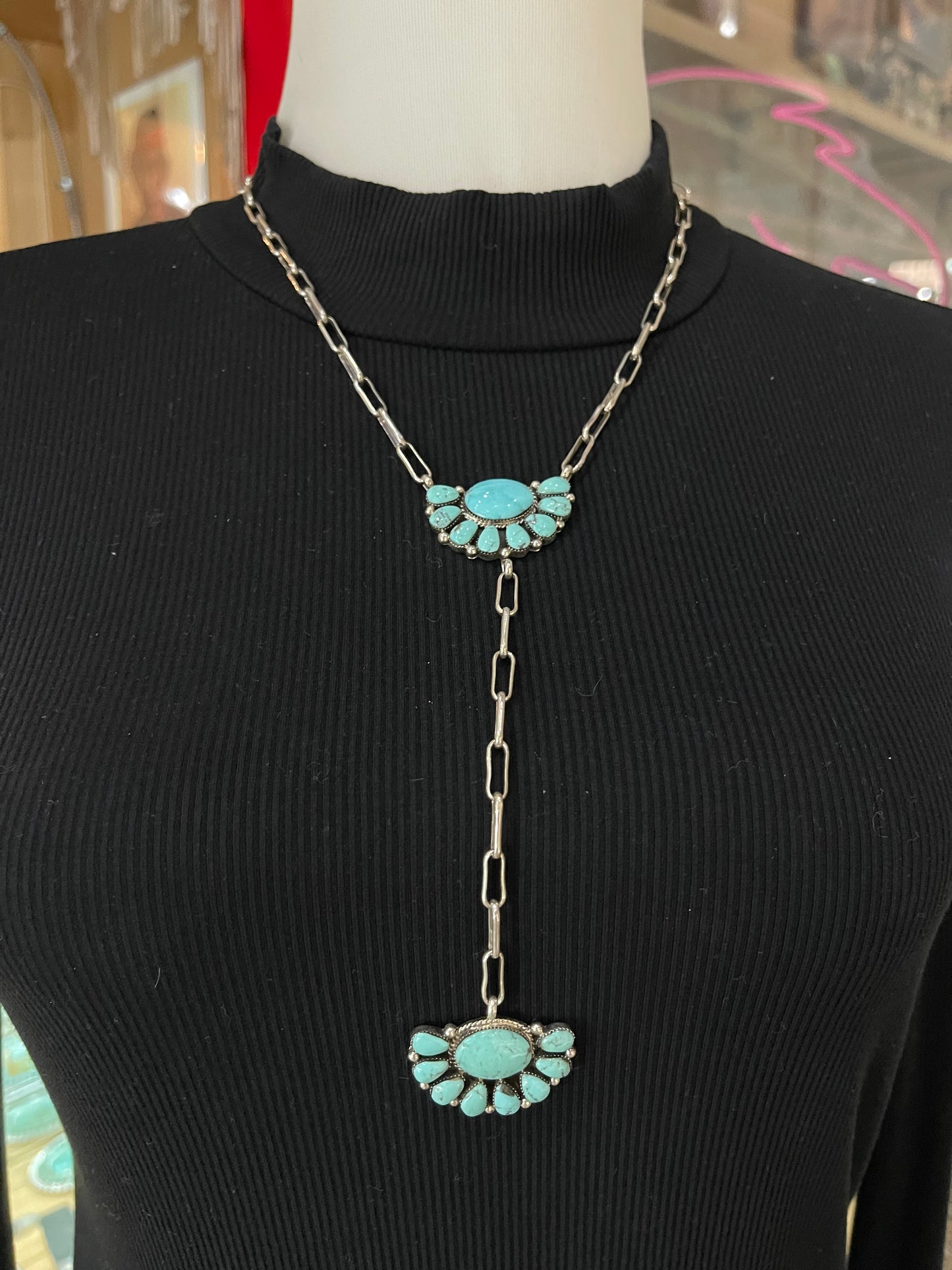 18"+6" Turquoise Half Cluster Lariat Necklace by Gregg Yazzie, Navajo