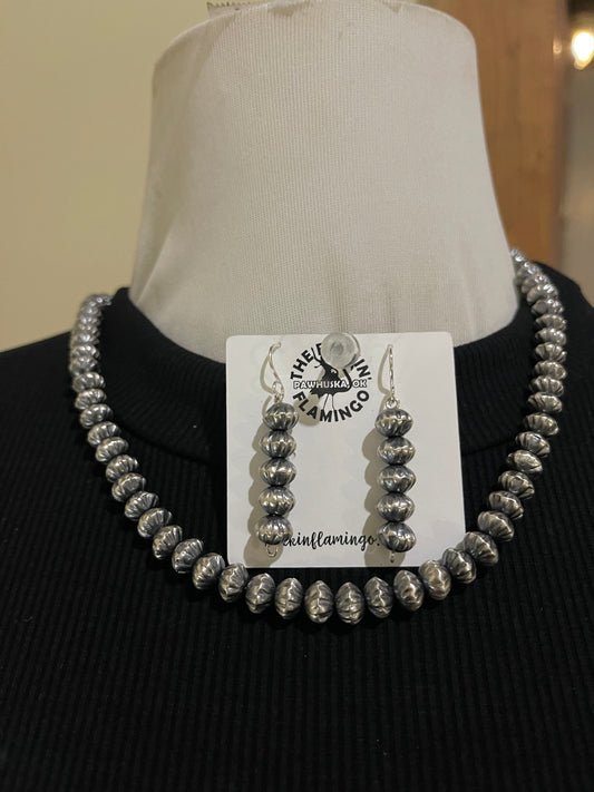 20" 8mm Handmade Navajo Pearls Necklace and Dangle Earrings Set by Crystal Hailey, Navajo