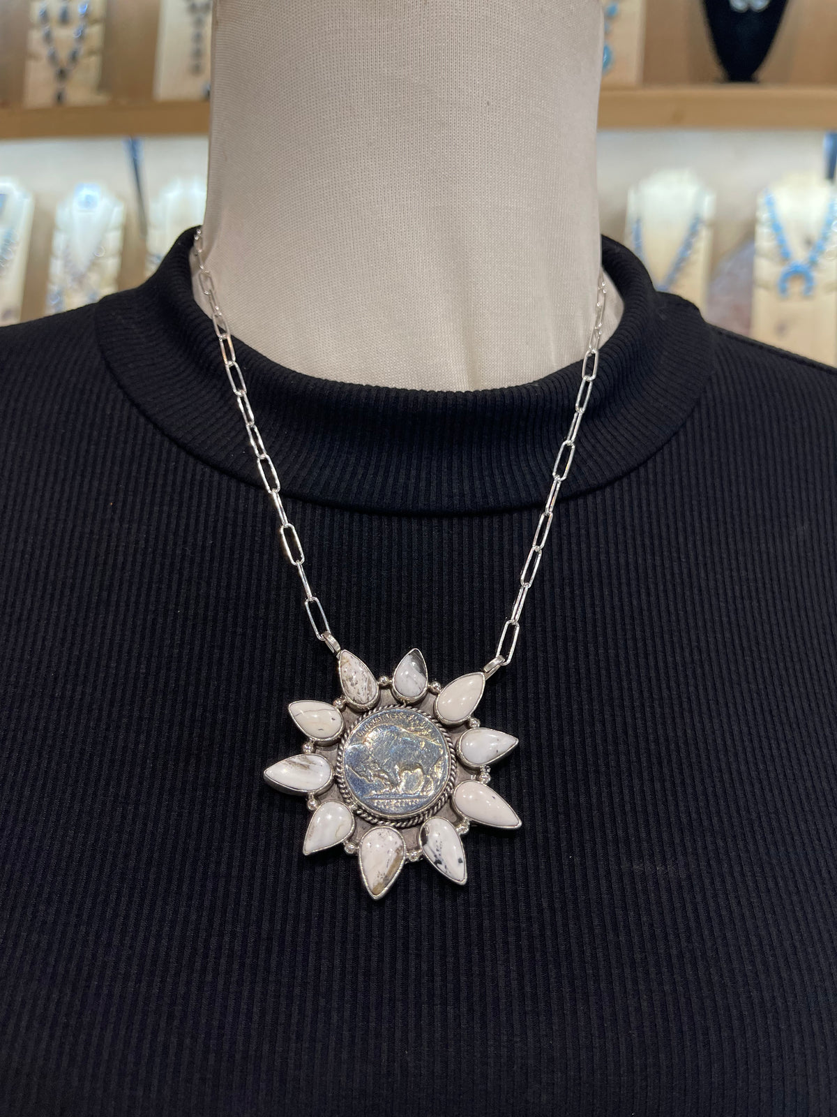 18" White Buffalo Cluster Necklace with Buffalo Nickel