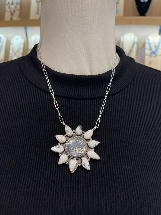18" White Buffalo Cluster Necklace with Buffalo Nickel