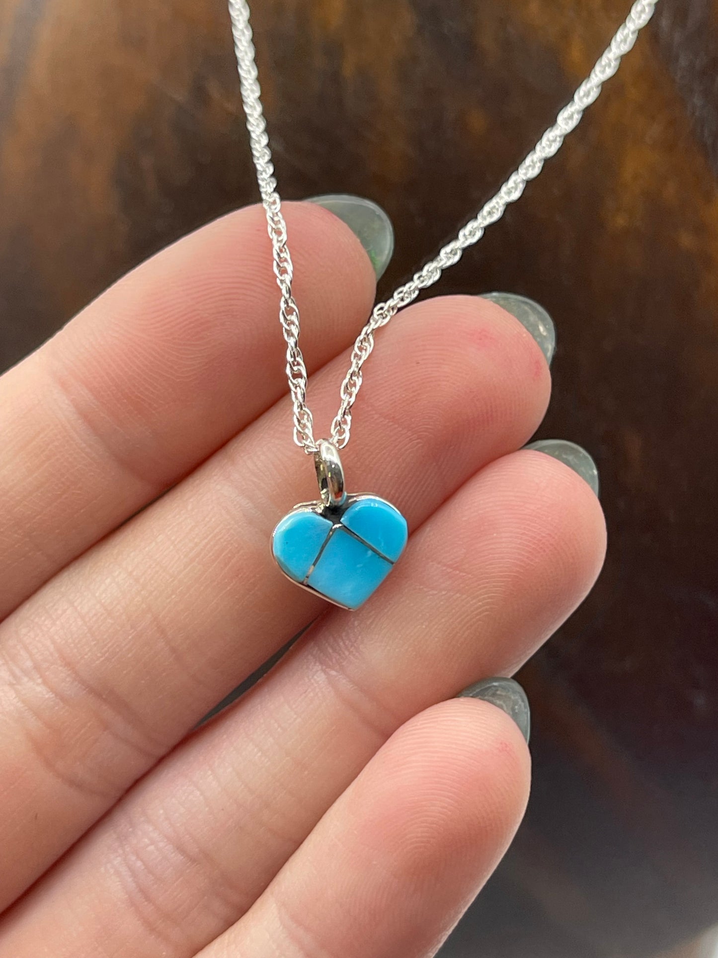 18" Dainty Inlay Turquoise Heart Necklace by Linda Chavez, Zuni